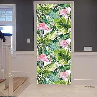 A.Monamour Sticker Porte Autocollant Poster de Porte 3D Aquarelle Feuilles Bananier Feuilles De Palmier Oiseau Flamant Rose Vinyle Affiche de Porte Sticker Mural Papier Peint Art Décor 83 x 204 cm