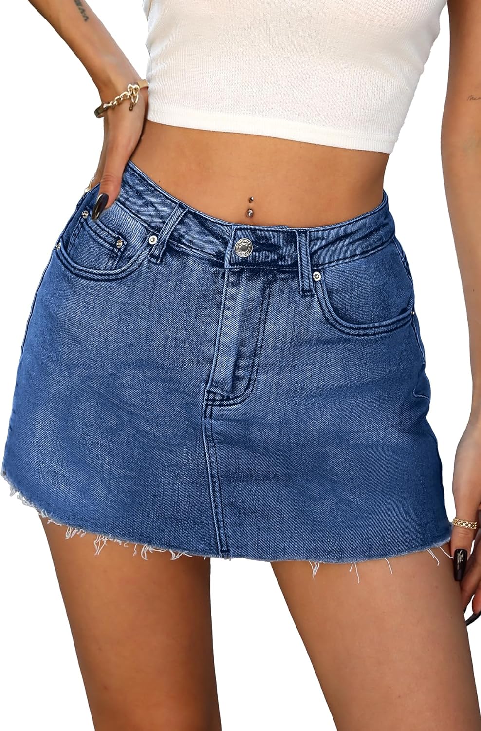 ELLEVEN Denim Skirt with Shorts Mini Skort - Casual Jean Skirts with Raw Hem & Pockets