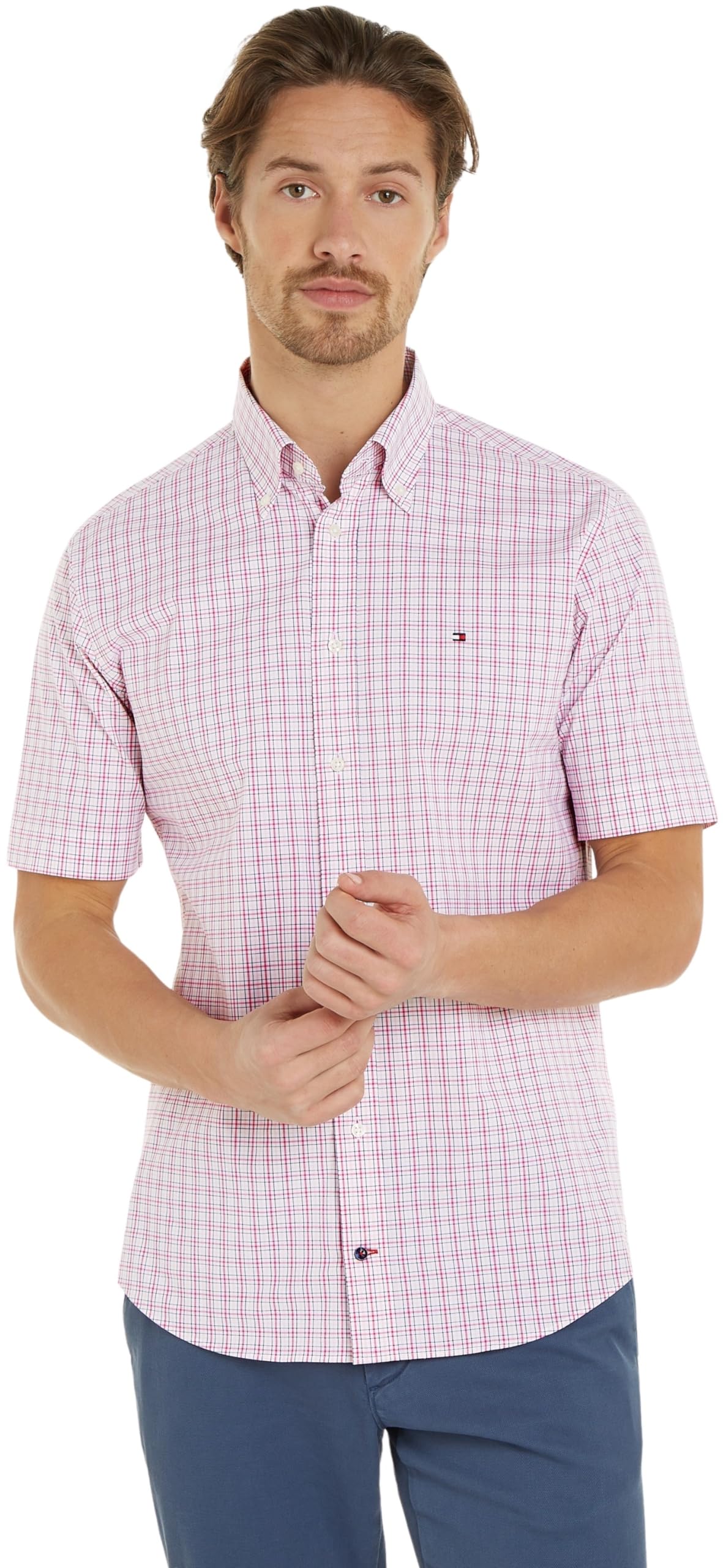 Tommy Hilfiger Camisa de Manga Corta para Hombre, Multicolor (Optic White / Pink Crystal / Multi), 40