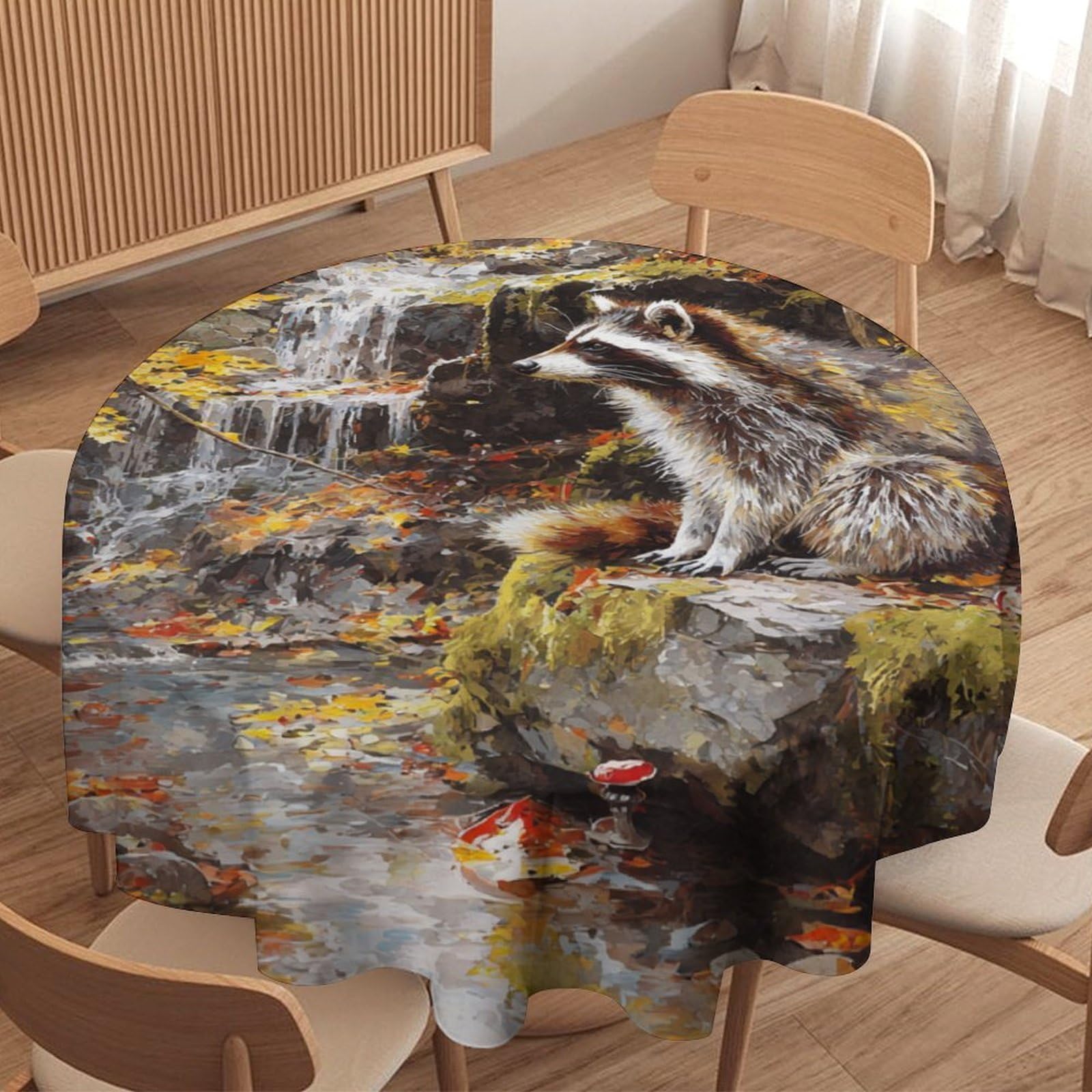 LUYYSKY Funny Classic Cute Raccoon Round Tablecloth Beautiful Realistic Fall Maple Leaves Mushroom Animal Raccoon Washable Decor for Table Cover for Kitchen-177.8" Wx177.8 L cm