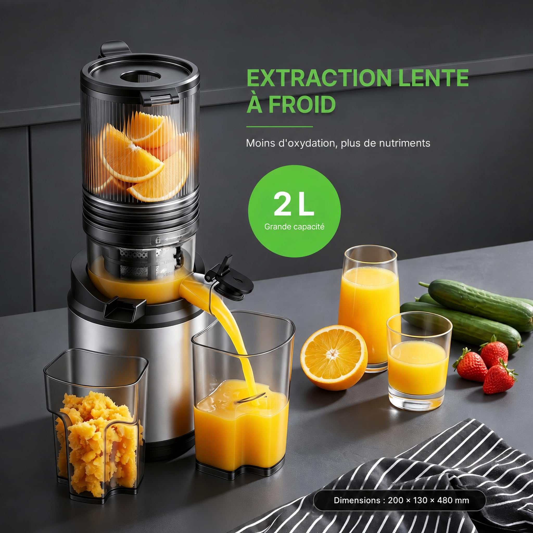 RUIE Extracteur de Jus de Fruits et Légumes, Extracteur de Jus à Grande Ouverture de 130 mm, Slow Juicer de 2 L, Moteur de 250 W, Pression à Froid, Fonction Inversion, Facile à Nettoyer