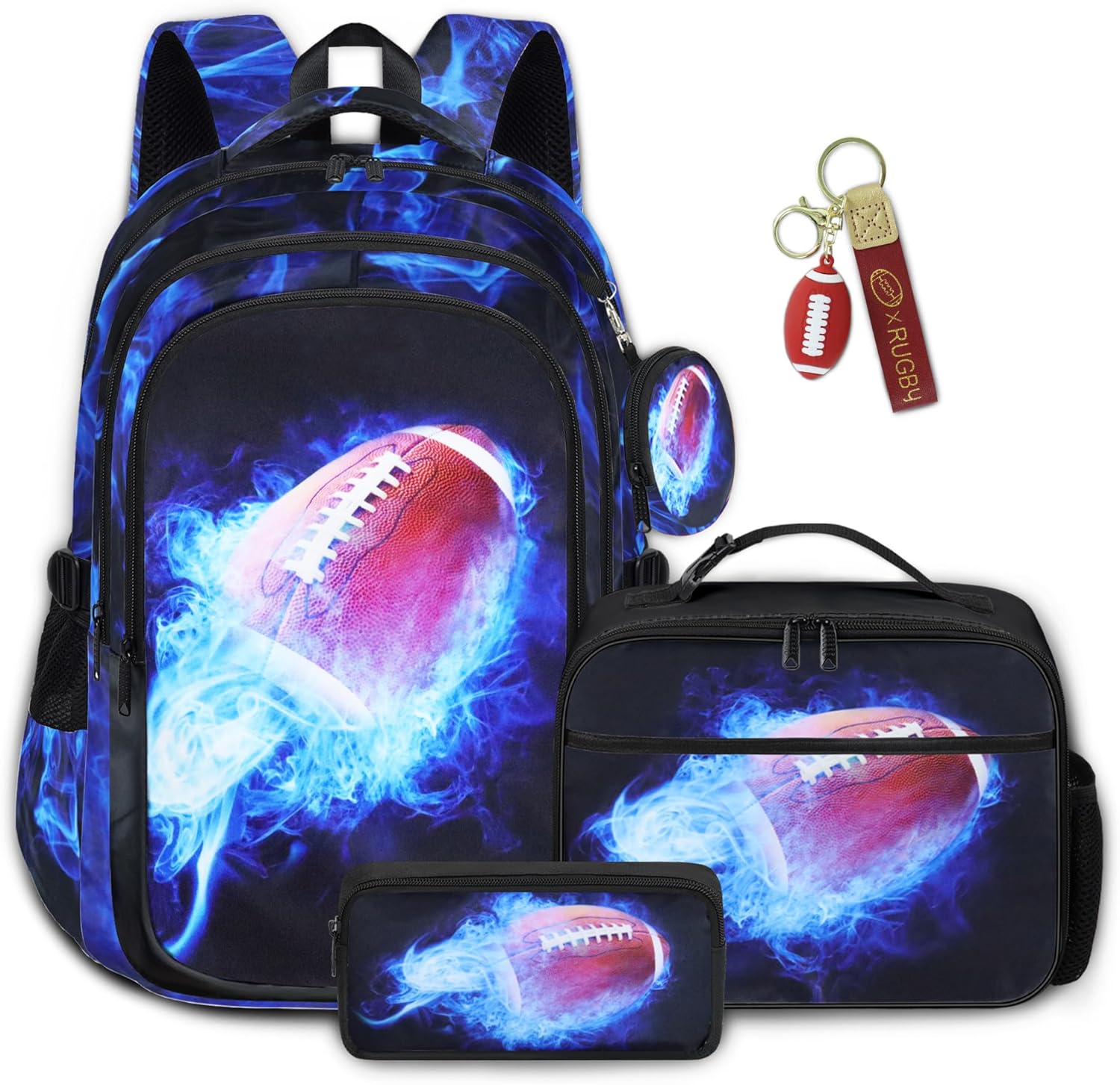 Boys American Football Backpack with Lunch Box, Kids Backpack Set for School, 17inch Bookbag with Pencil Case Coin Purse Blue