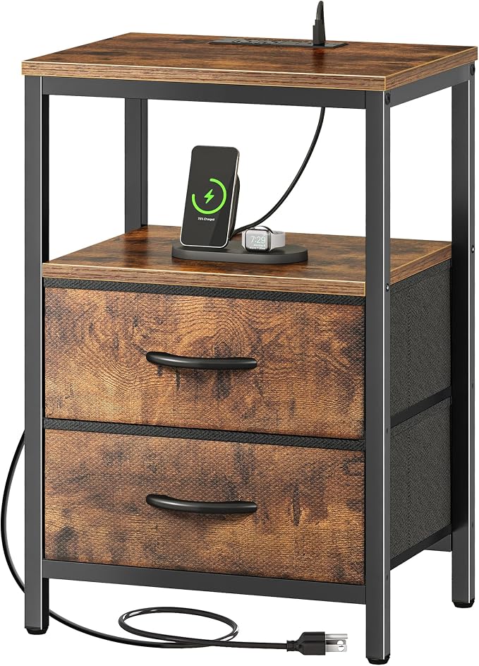 Huuger Nightstand with Charging Station, Side Table with Fabric Drawers, End Table with Open Shelf, Bedside Table with USB Ports and Outlets, Night Stand for Bedroom, Rustic Brown