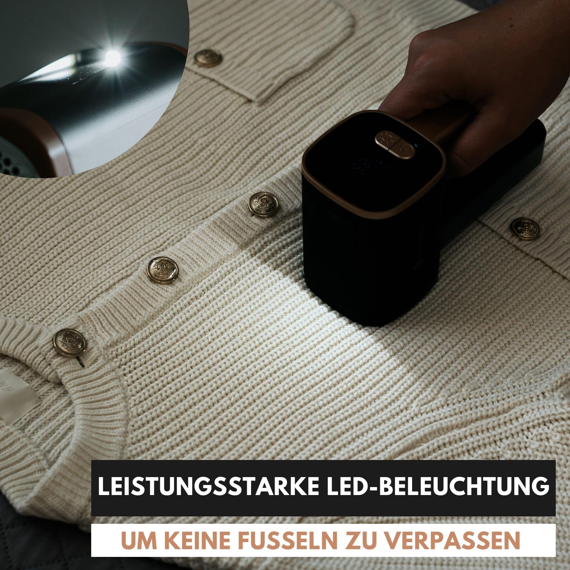 Fusselrasierer Elektrisch WiredLux - Wiederaufladbarer Fusselentferner für Kleidung & Möbel - LED-Licht, Einstellbare 3-Fach Geschwindigkeit, 6-blättrige Klinge, USB-Aufladung (Onyx/Gold)