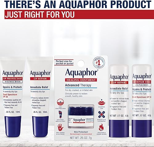 Miniatura 5 de Aquaphor Ungüento para reparación de labios, paquete de bálsamo labial hidratante, alivia la sequedad, tubo de 0.35, paquete de 2