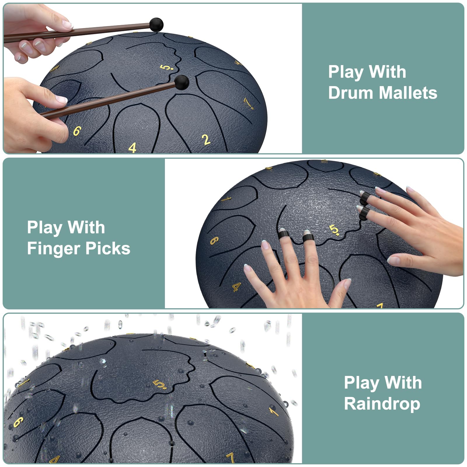 Rain Drum for Outside Garden, 8 Inches 11 Notes Steel Tongue Drum, Waterproof Meditation Rain Chime, Musical Instruments for Adult Gift with Bag, Music Book, Mallets (Navy Blue) 4