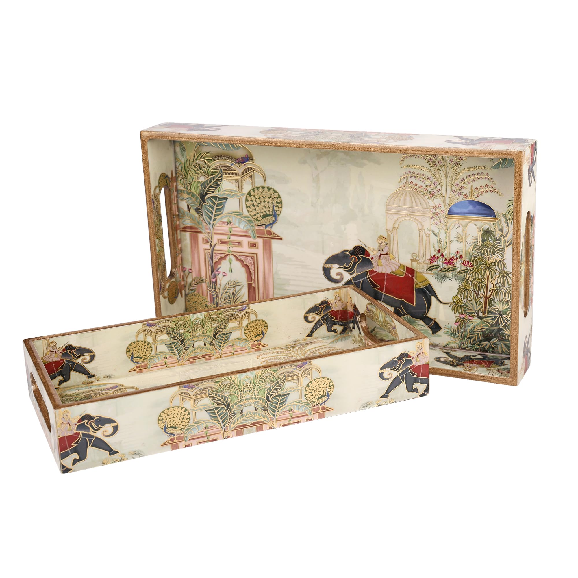 HomeShastra Wooden Serving Tray with Gold Engraving | Set of 1 | Size : 16x10 inch Enamel Coated Waterproof | Rectangular| Decorative Trays (Large Royal Elephant) (B0DCG5L2S2) Amazon Price History, Amazon Price Tracker