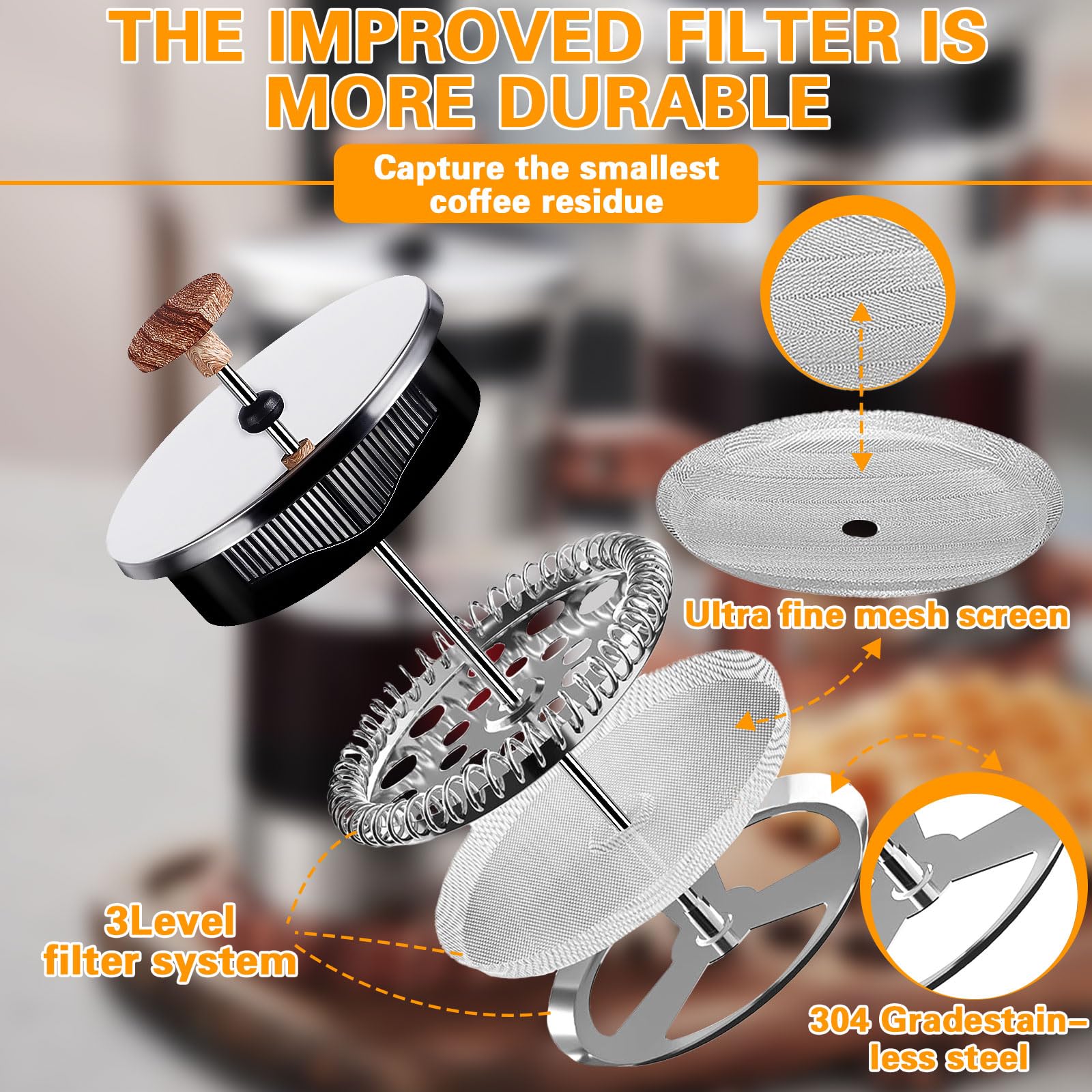 Cafetière à Piston, 1000ML Français Presse Café en Verre, Cafetière à Presse Française, Verre Résistant à La Chaleur Avec Boîtier en Acier Inoxydable et Filtrants Faciles à Nettoyer
