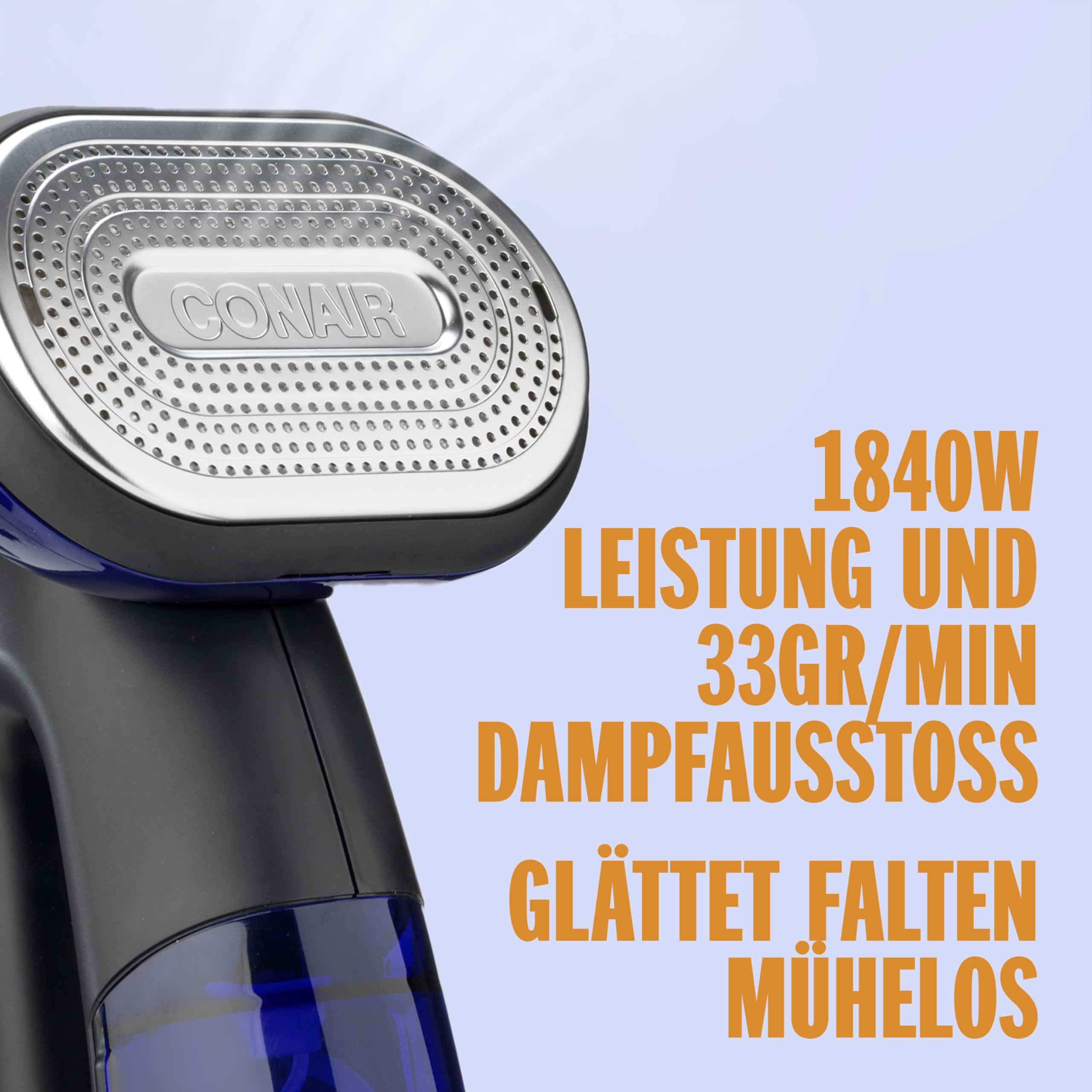 Conair 2-in-1 Steam & Iron Turbo Dampfglätter und Bügeleisen | 4 Einstellungen | Dampfleistung 33g/Min. | 10 Sek. Aufheizzeit | 3 Aufsätze alle Stoffarten | blau/schwarz