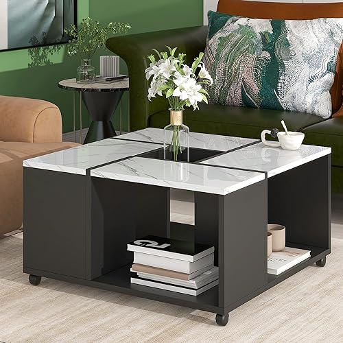 Miniatura 3 de Mesa de centro moderna de 2 capas con marco de metal, mesa de té cuadrada de cóctel con almacenamiento, centro de mármol sintético de alto brillo,