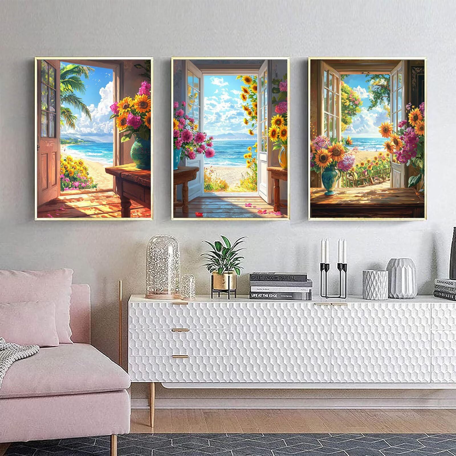 Generico Cnyaunfi 3 sztuki słonecznika DIY diamentowe malowanie 5D niebieski diamentowy obraz kompletny zestaw dla dorosłych kreatywnych hobby, do dekoracji ścian domu 60 x 80 cm YF-3228