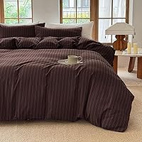 Vista 13 de Juego de funda de edredón a rayas 100% algodón lavado similar al lino suave al tacto transpirable (rayas-beige/blanco, individual)