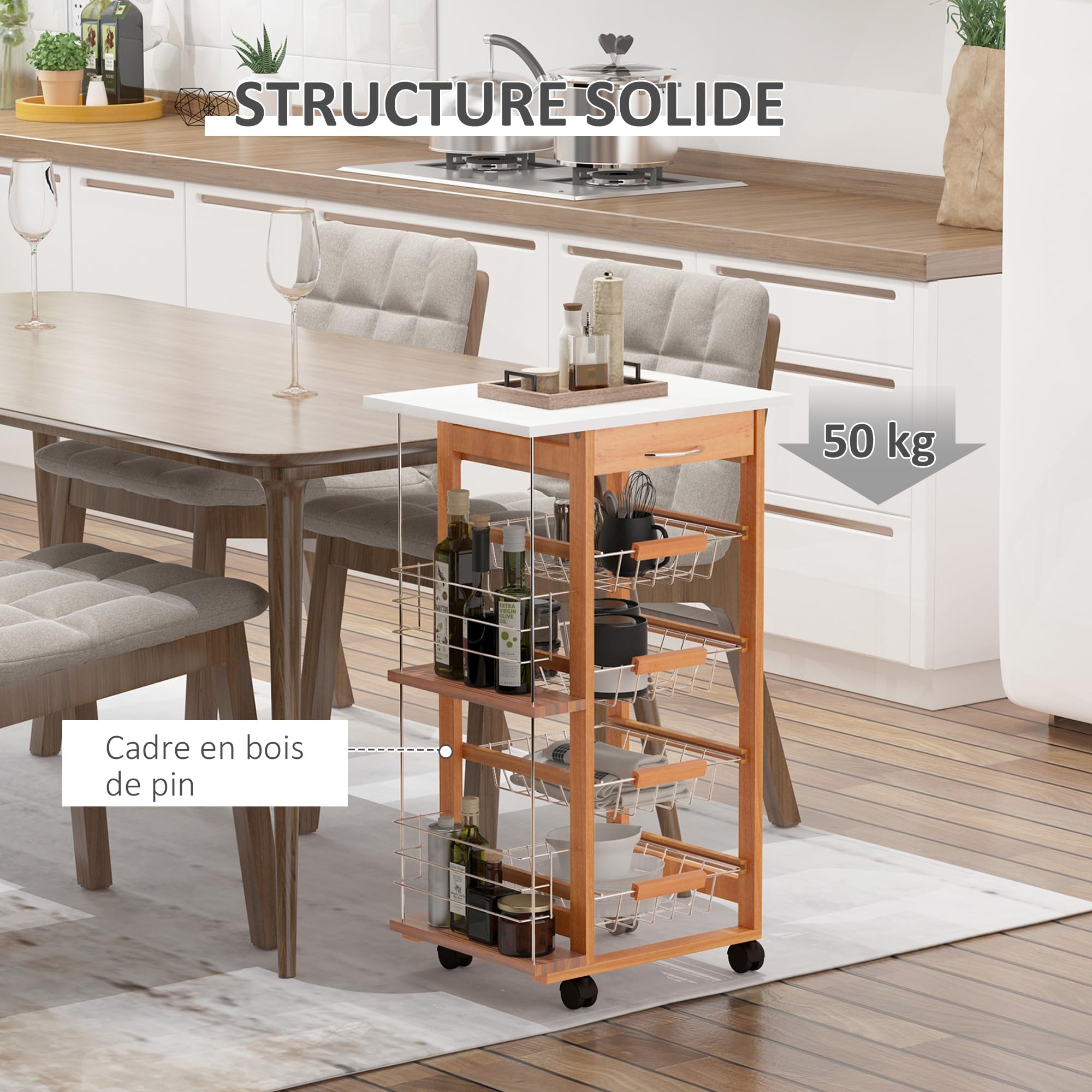 HOMCOM Desserte Cuisine à roulettes avec Tiroir 47x37x83 cm Blanc Marron | 4 Paniers, Étagères Latérales, Chariot de Rangement, Salon, Bureau, Cuisine