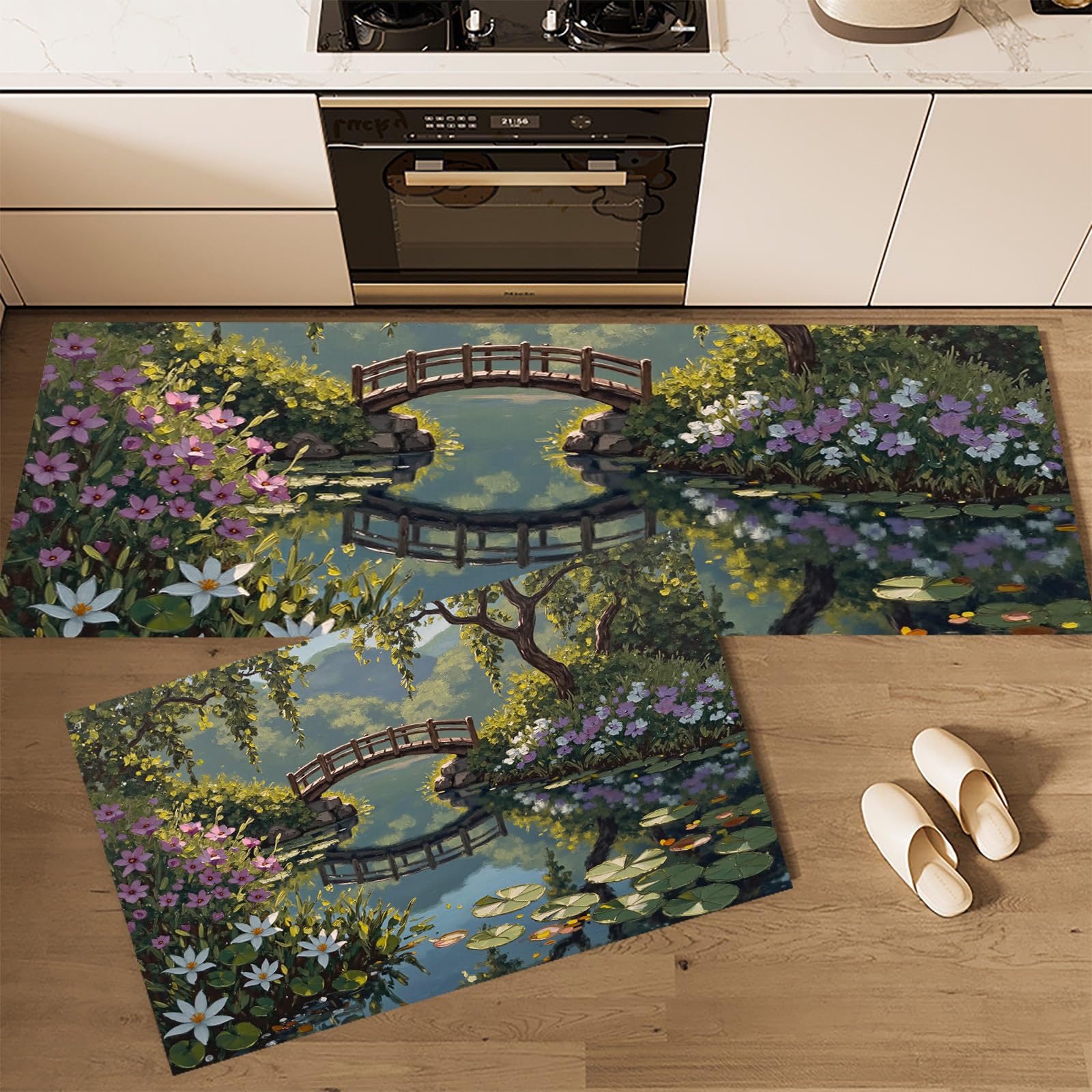 Alfombras de cocina antifatiga con diseño de paisaje al óleo, juego de 2 alfombrillas lavables