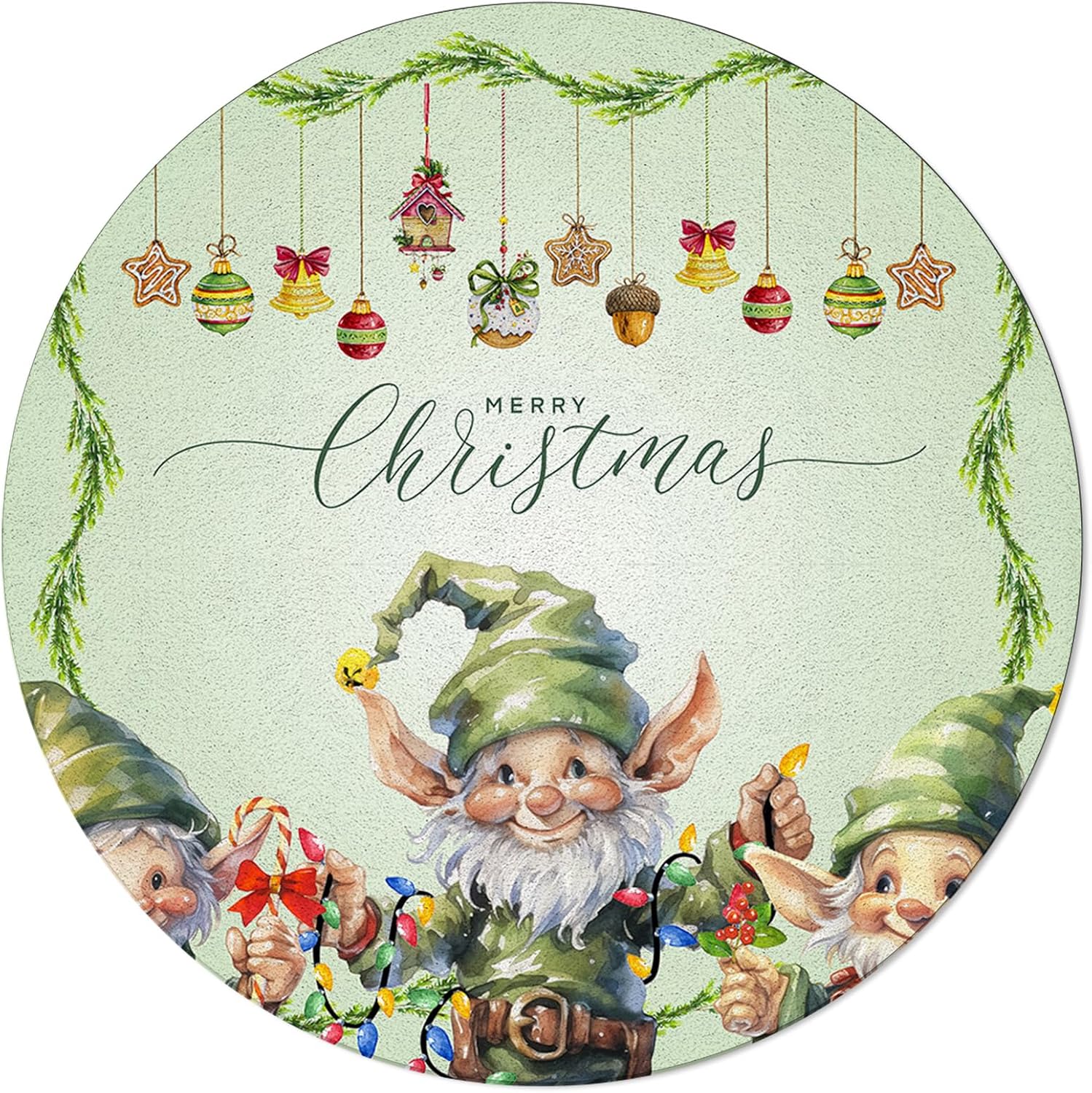 Christmas Gnomes Round Area Rug 5ft,Washable Outdoor Indoor Carpet Runner Rug for Bedroom,Kitchen,Bathroom,Living/Dining/Laundry Room,Office,Area+Rug Large Bath Door Mat Green Forest Pine Leaves Cone