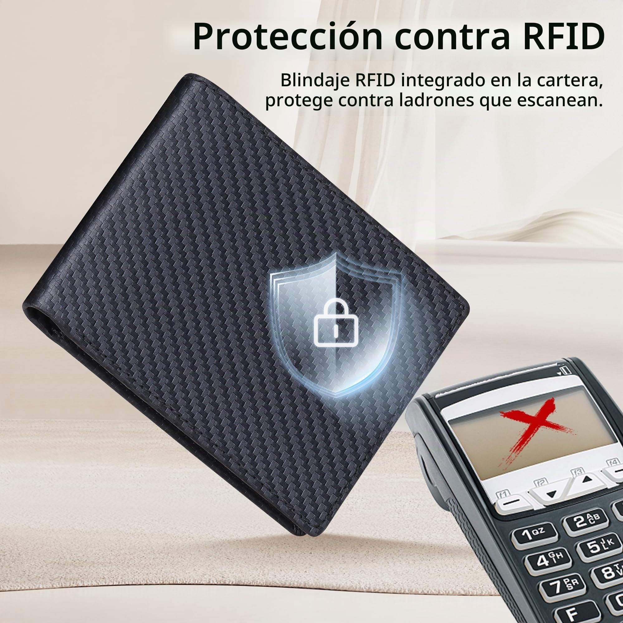 VISOUL Cartera de Cuero de Fibra Carbono para Hombres con Bloqueo RFID Billetera Plegable de Cuero Genuino Hombres con Ventana de ID Abatible hacia Arriba y 9 Ranuras para Tarjetas-Negro+Rojo Marrón