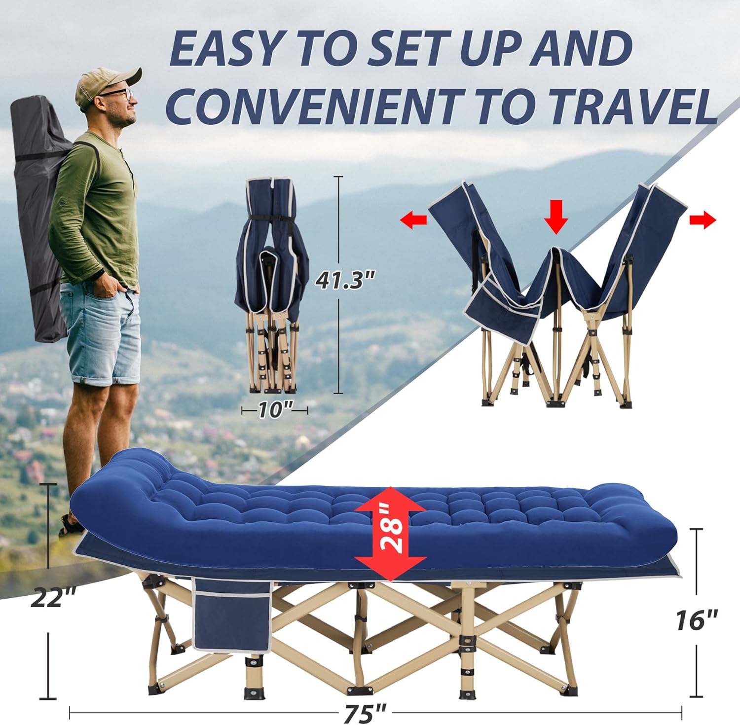 Folding Camping Cot for Sleeping, Portable Cots for Adults, Heavy Duty Cot Bed 550LBS(Max Load), Extra Wider Cots with Large Pocket for Outdoor, Office, Beach