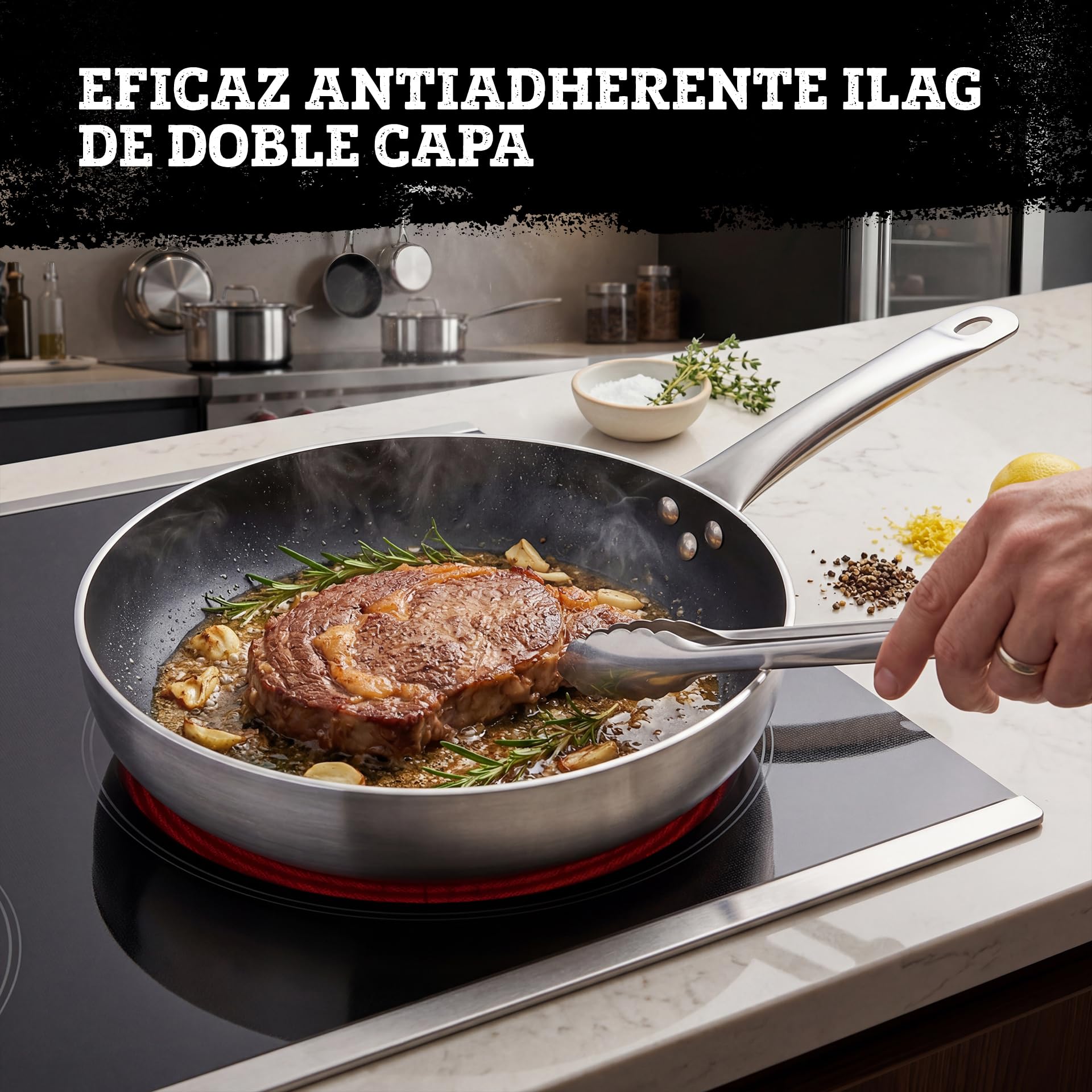 FMprofessional Sartén Profunda Antiadherente 32 cm, Revestimiento Antiadherente ILAG Essential Doble Capa, Alta Conductividad Térmica, Ligera y Resistente a la Corrosión, 32x7,8 cm, 1 ud