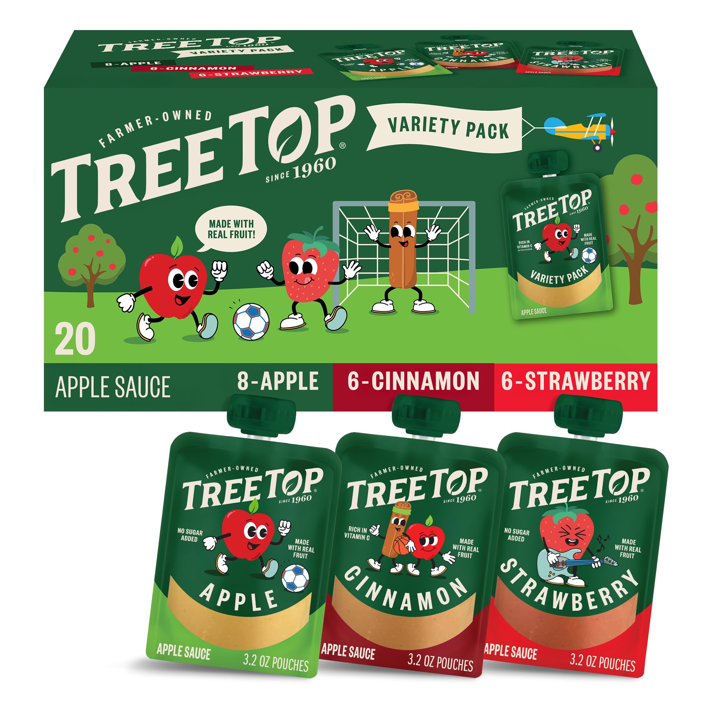 Tree Top Apple Sauce Pouches Variety Pack, Apple, Strawberry, Cinnamon, 3.2 oz. each (Pack of 20)