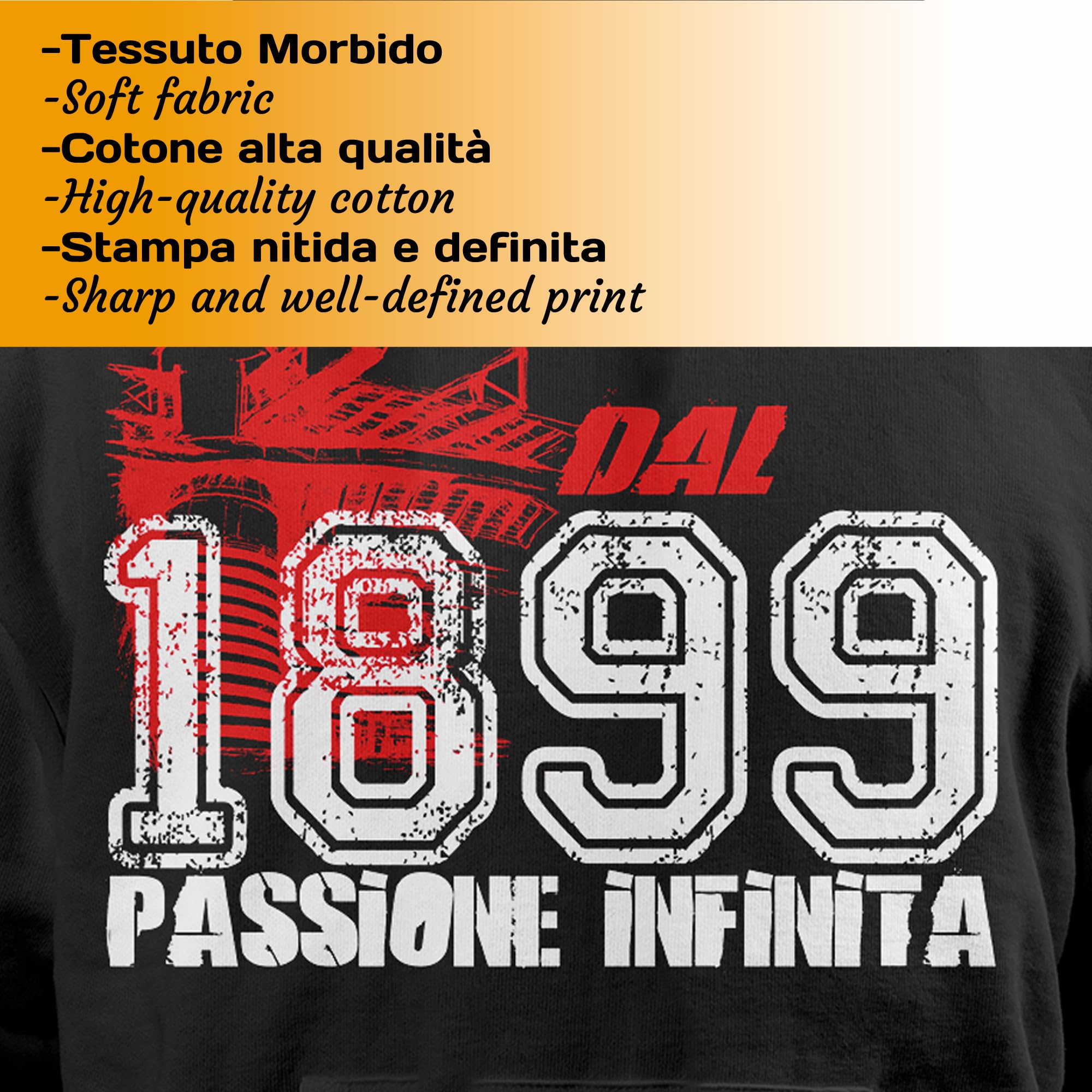 Felpa Sportiva Celebrativa Passione Infinita Milano con Cappuccio Regolabile Cotone Felpato Made in Italy