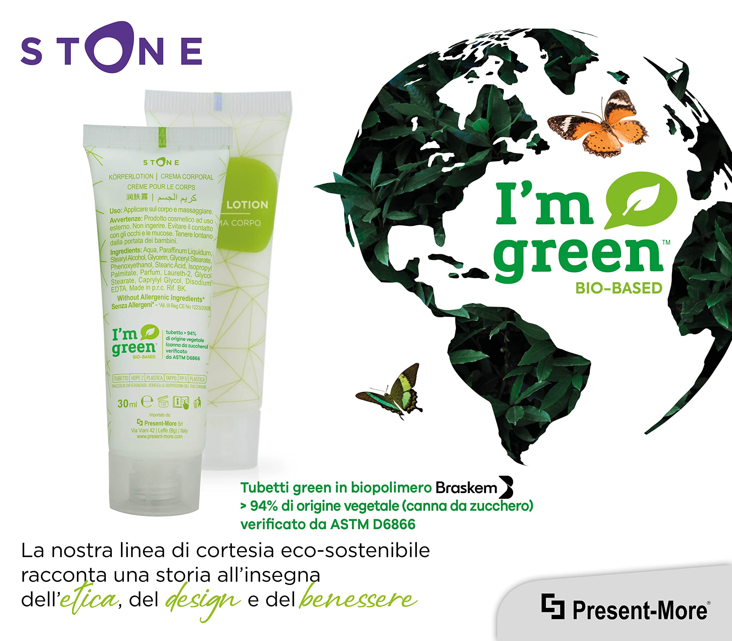 PRESENT-MORE - Mini Crema Corpo 30ml Stone - 250 Pezzi | Body Lotion Senza Allergeni - Fragranza Relaxing - Ideale per Hotel e B&B