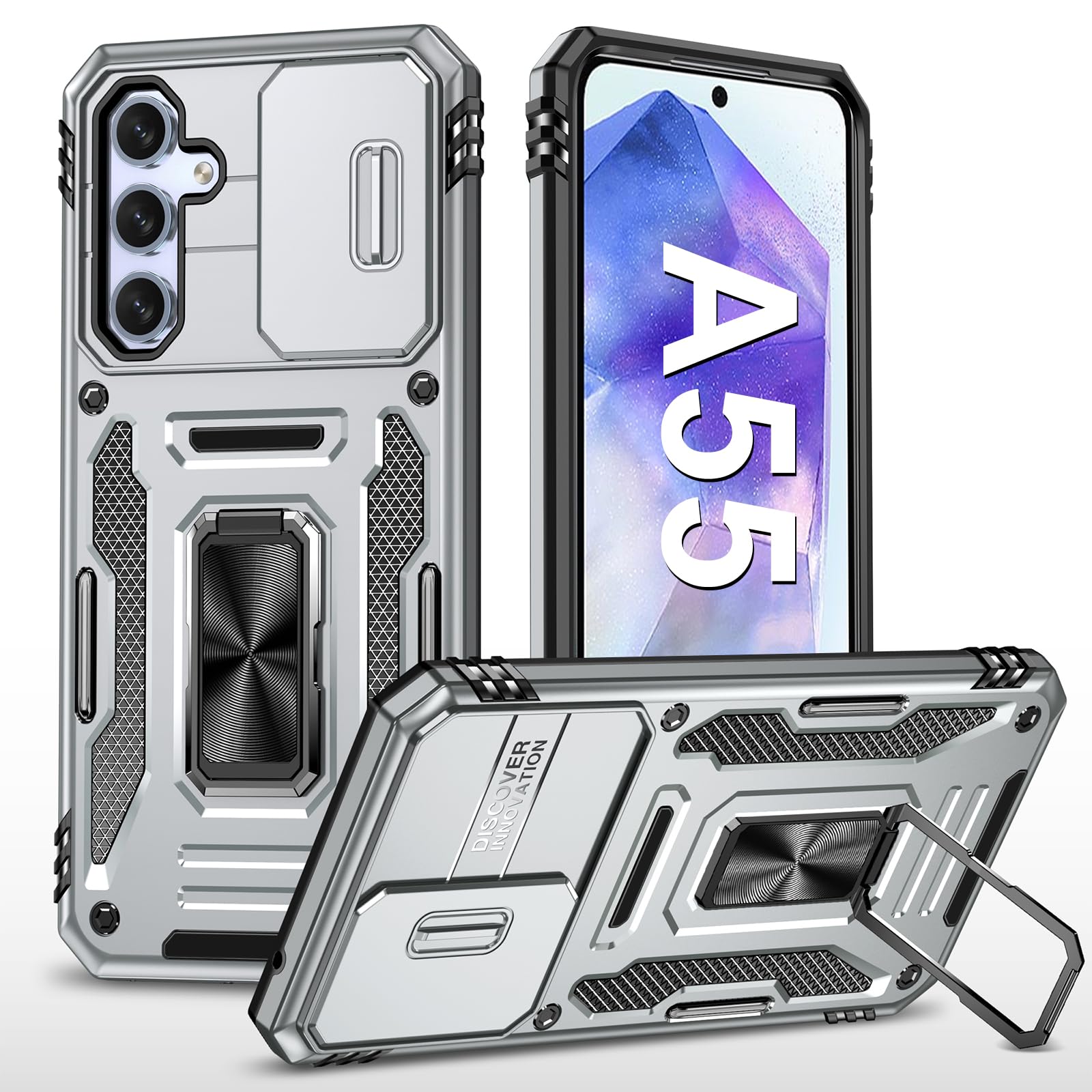 Handyhülle für Samsung Galaxy A55 Hülle mit Slide Camera mit Kameraschutz Galaxy A55 Schutzhülle 360° Drehbarer Metall Ring Ständer Stoßfest für Samsung A55 5G (Grau)