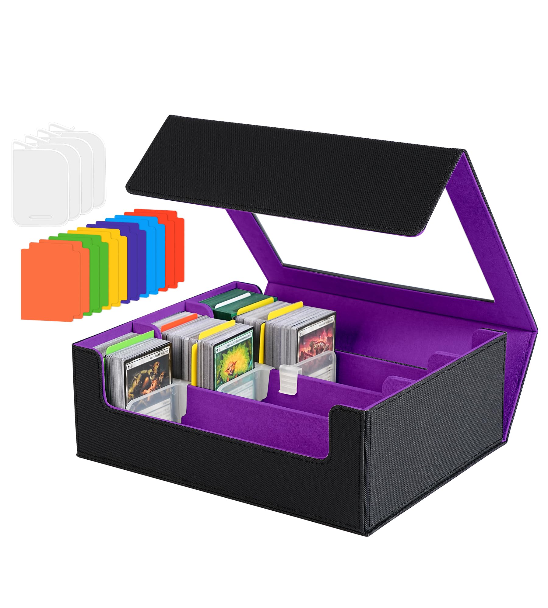 Trading Card Storage Box - 2400+ Commander Card Deck Case with See-through Display Top for Magic the Gathering PKM YuGiOh, TCG MTG PTCG Box with 12 Dividers 4 Supporters, Black and Purple