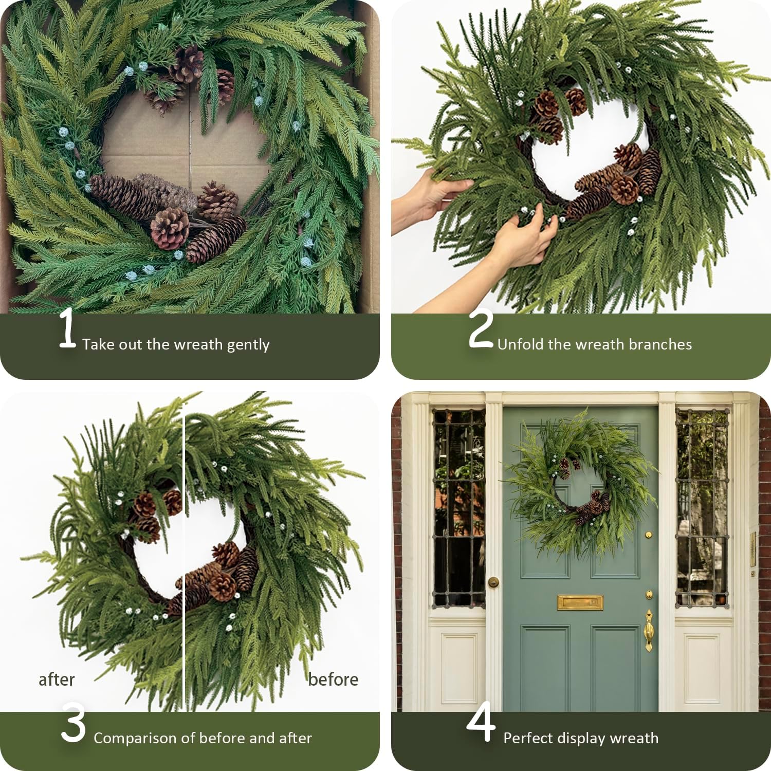 TOKCARE Norfolk Pine Wreath with Pine Cone, 26 inch Real Touch Prelit Christmas Wreaths for Front Door with 40 LED for Wall Windows Mantle Outdoor Christmas Decoration - Image 7