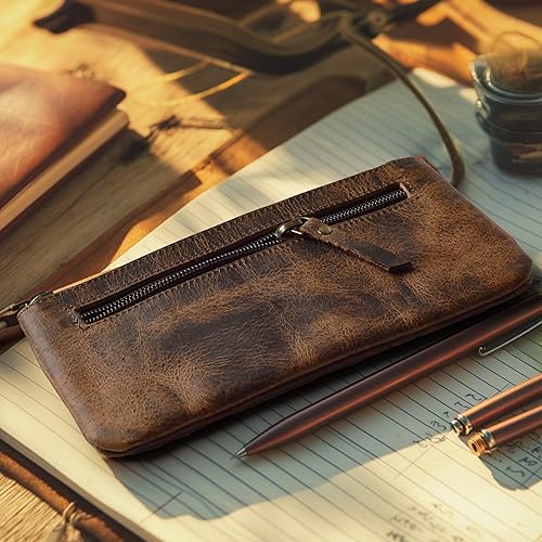Miniatura 6 de LEATHER VILLAGE Estuche de Cuero para Lápices y Bolígrafos - Marrón Rústico/Vintage - 8"X4" - Doble Bolsillo - Elegante y Práctico Estuche con