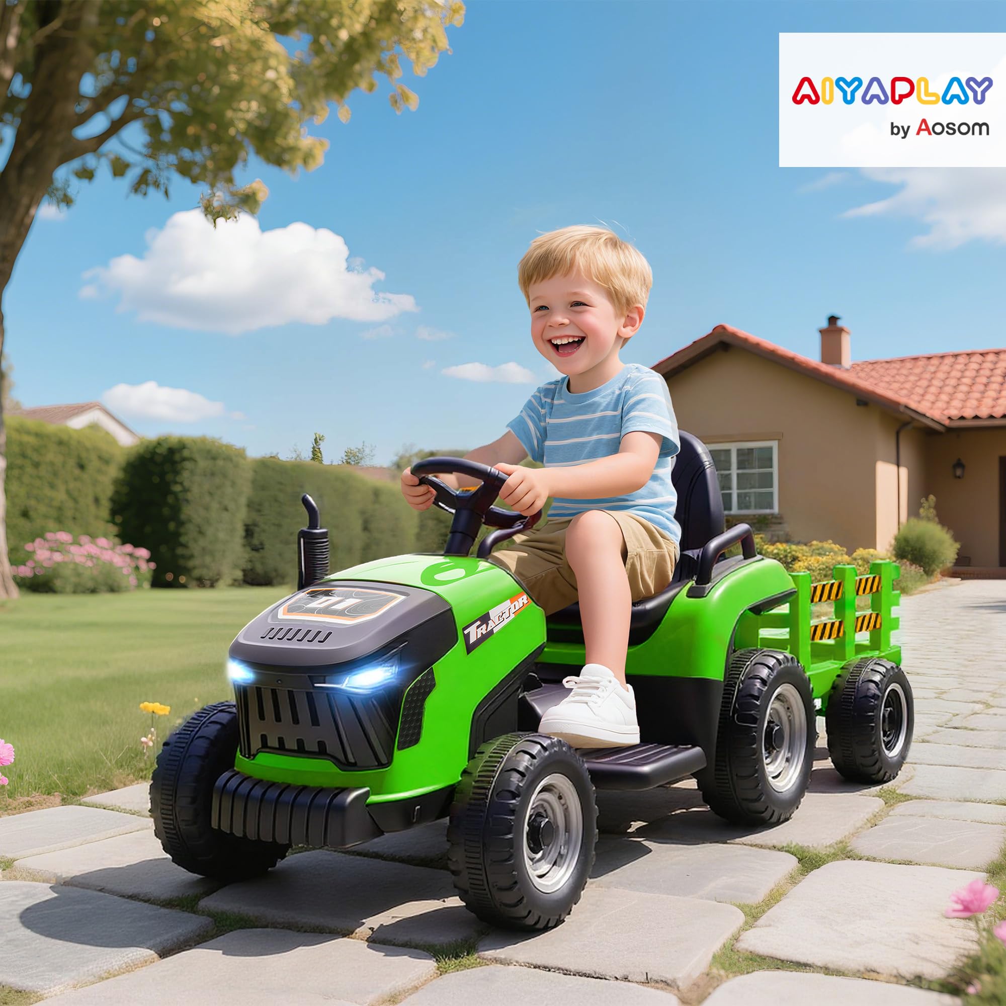 AIYAPLAY 2 in 1 Trattore Elettrico per Bambini 3-8 Anni 12V con Rimorchio Staccabile, Auto Elettrica Cavalcabile per Bambini con Telecomando, Cintura di Sicurezza, Musica, Luci LED e Clacson, Verde