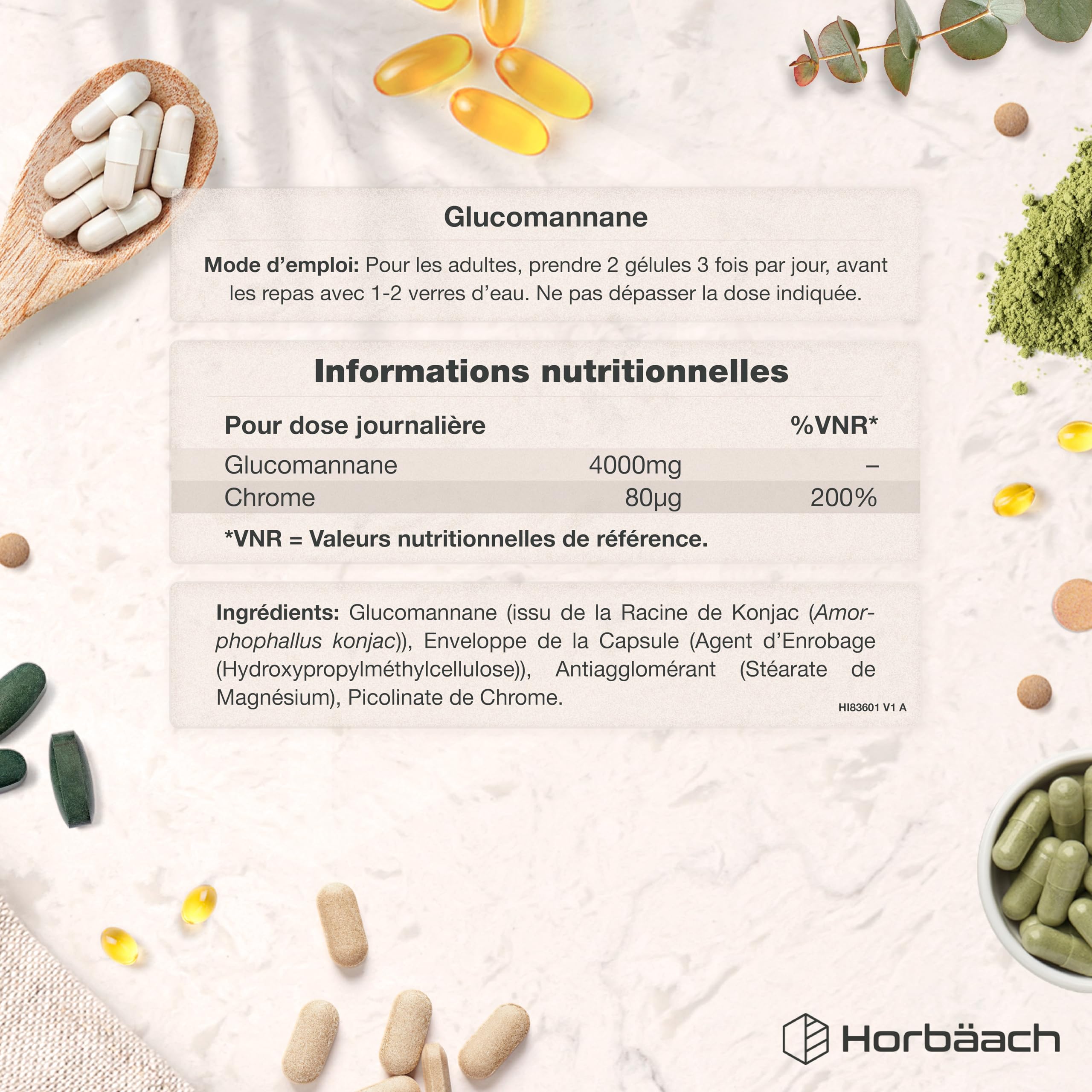 Glucomannane 4,000mg | Issues de la Racine de Konjac | 180 Pièces Véganes | 100% Pur | Horbaach