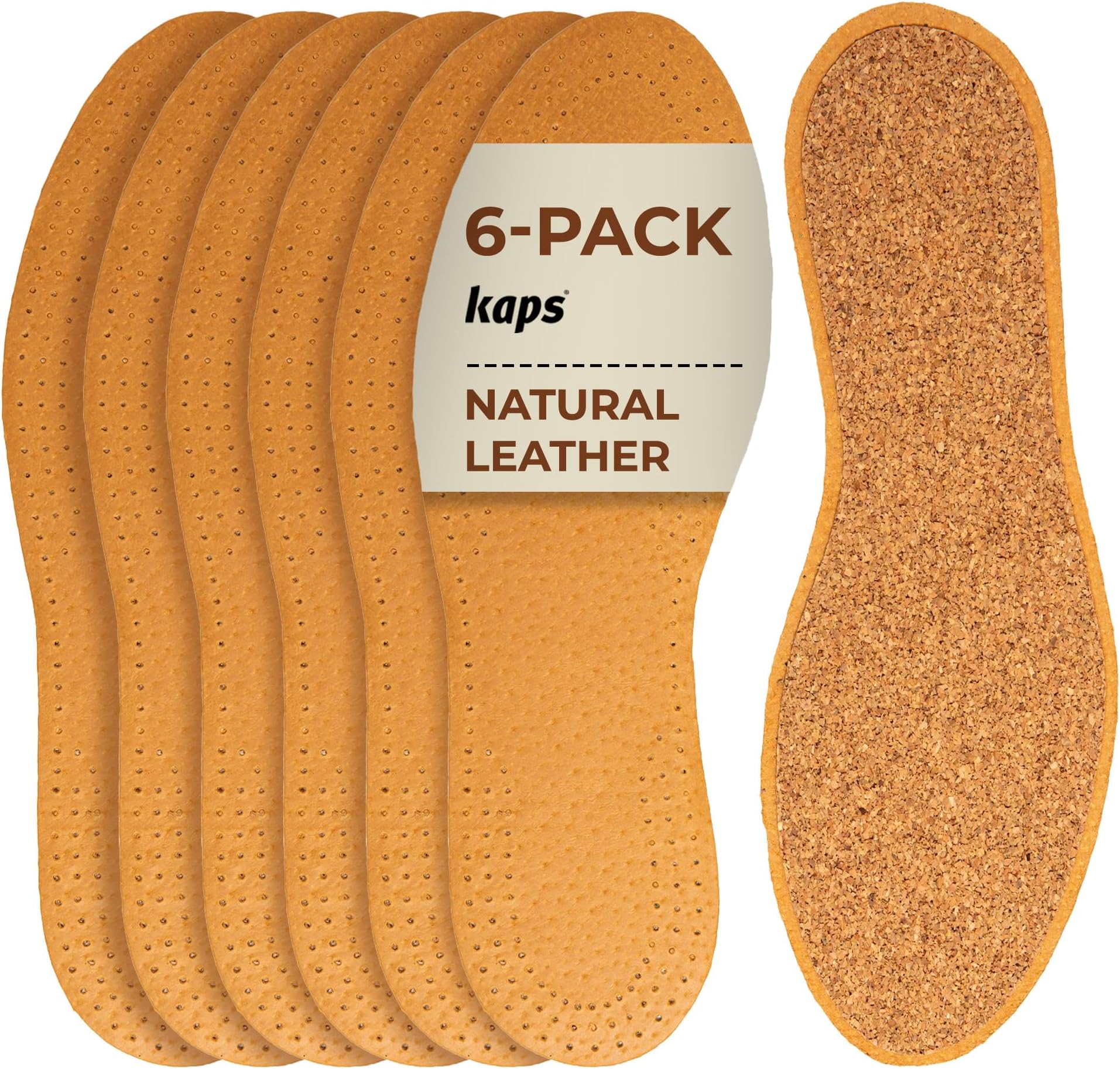 – Kaps Shoe Insoles Set, 6 Pair Pack Natural Leather with Cork Underlayer For Men and Women, Replacement Inserts, Variety Of Sizes, Leather Cork (Men / 10 UK / 44 EUR)