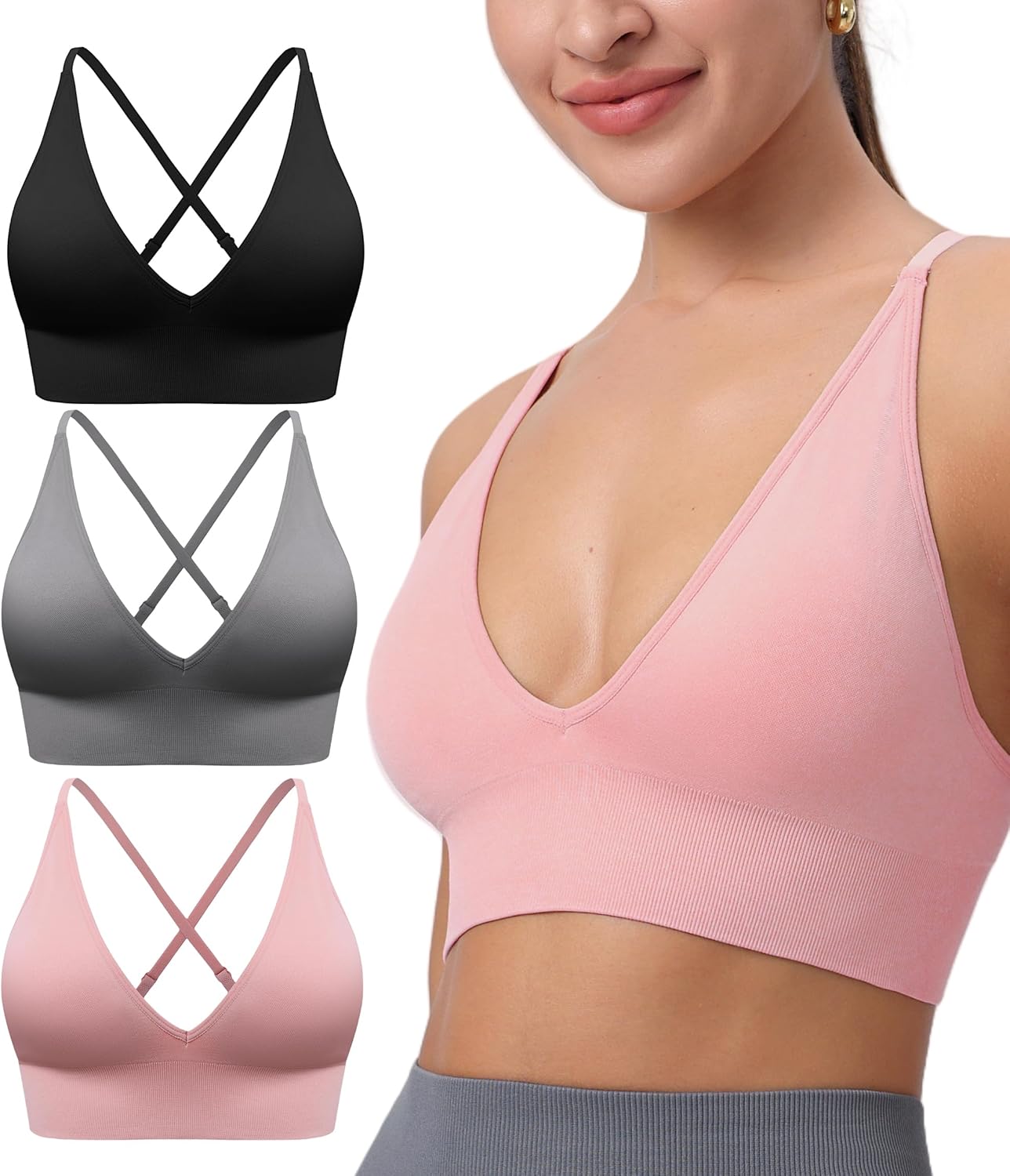 Womens Deep V-Neck Longline Sports Bra, Strappy Criss Cross Padded Cups Adjustable Spaghetti Straps Workout Yoga Crop Top