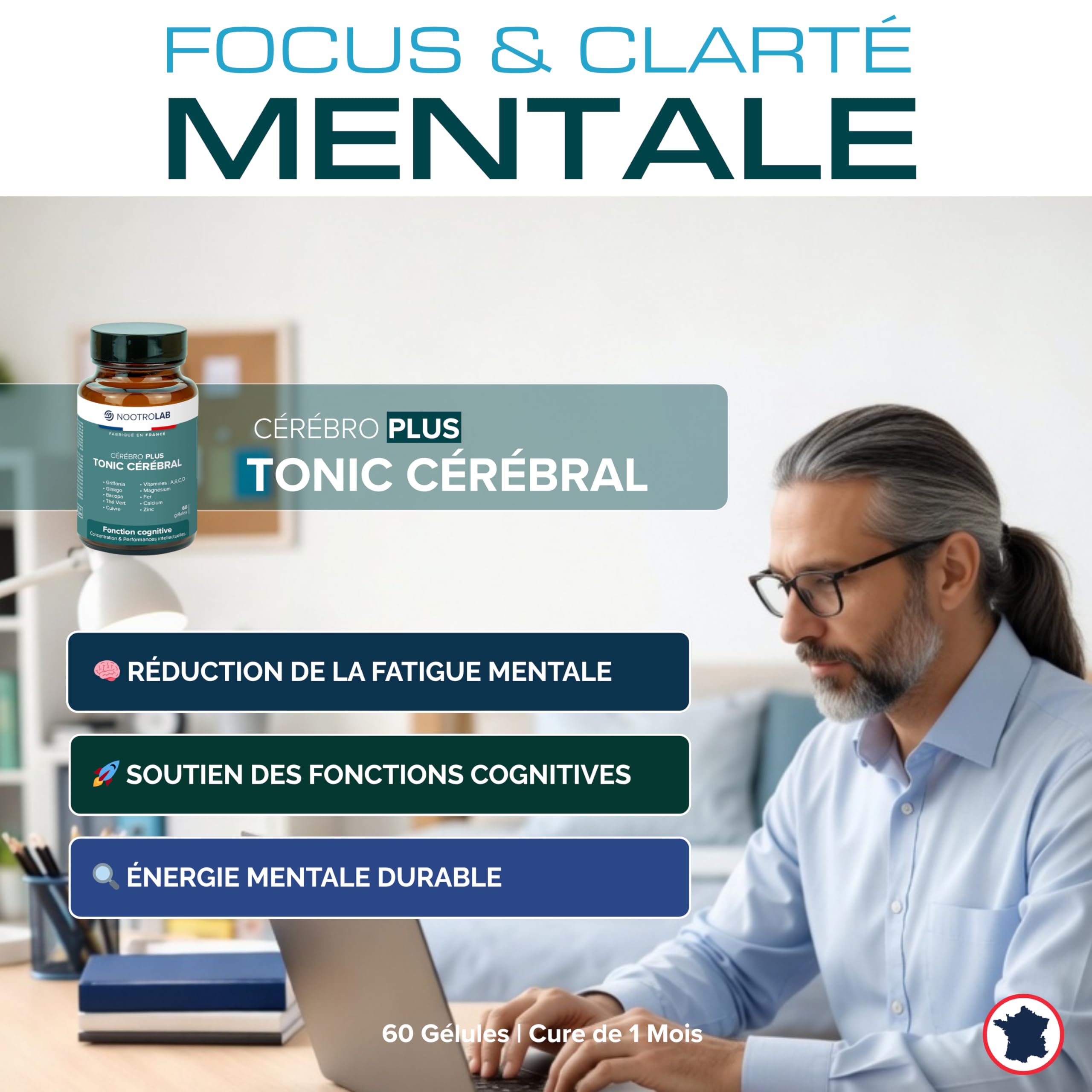 Nootropique Mémoire et Concentration | Complément Alimentaire Cerveau | Focus, Clarté Mentale & Énergie | Bacopa | Griffonia | Ginkgo | Thé vert | Vitamines B, C, D minéraux