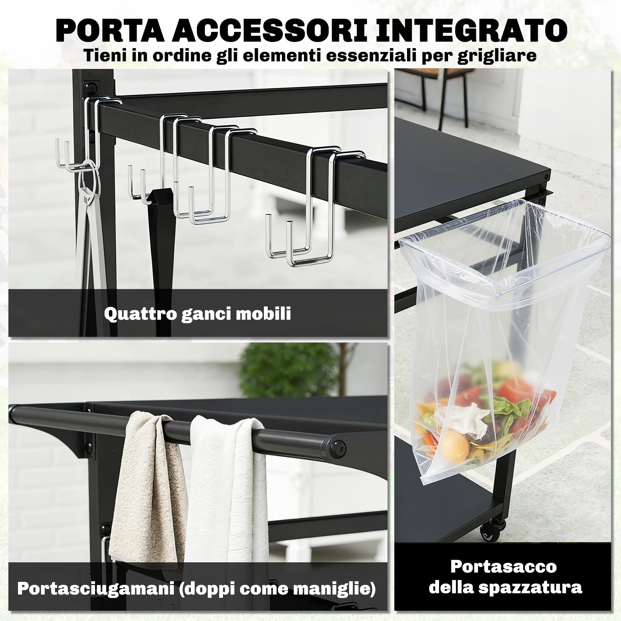 Outsunny Carrello Barbecue da Esterno con 2 Ripiani in Metallo, Tavolo Cucina da Esterno con Ruote, Maniglia, Portasacchi e Ganci, 113x50.5x88 cm, Nero