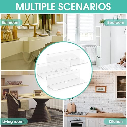 Miniatura 7 de Maitys 8 estantes flotantes acrílicos de 9 pulgadas, estantes adhesivos montados en la pared, sin taladro, exhibición de pared de acrílico para sala