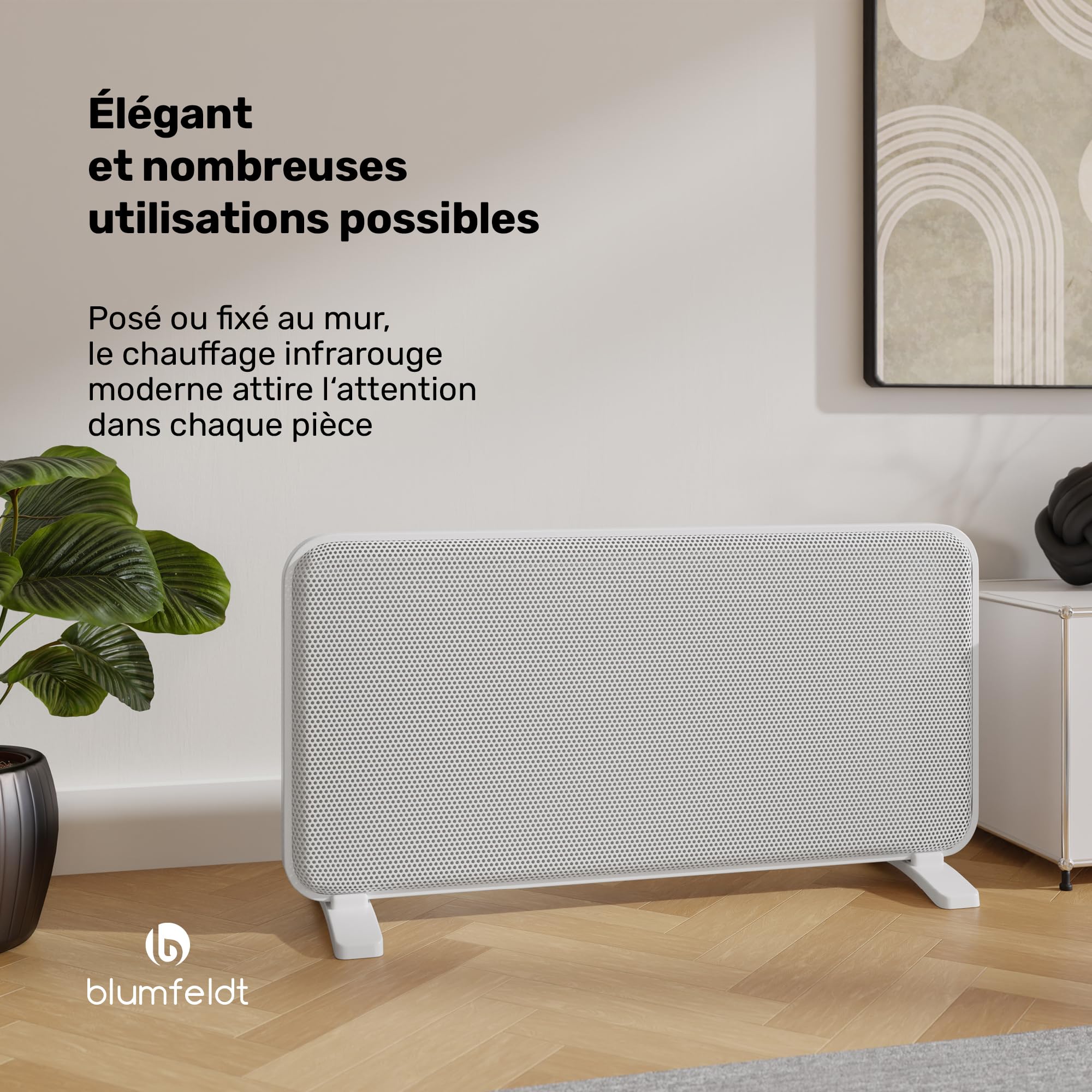 Blumfeldt radiateur infrarouge 2000 W - mural/sur pied, graphène, appli & commande tactile, thermostat, IP24, protection surchauffe/renversement, pour pièces jusqu'à 20 m², blanc