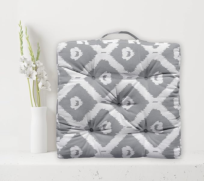 Oasis Home Collection Cotton Shell with Natural Cotton Printed Floor Cushion - Grey Ikat