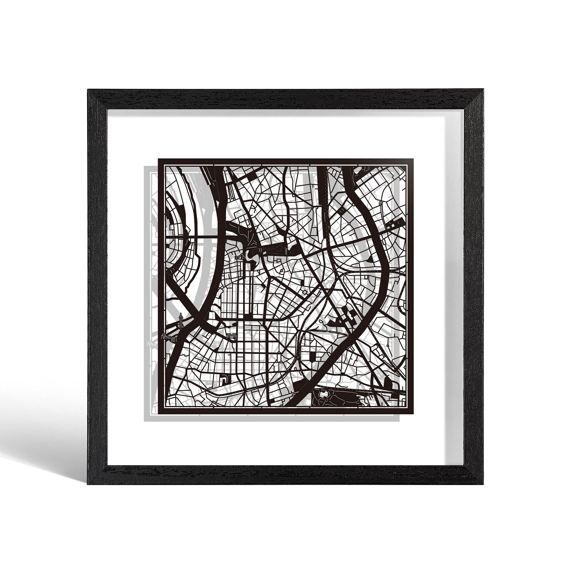 O3 DESIGN STUDIO Dusseldorf Paper Cut Map framed, Black map, Black frame, 23x23 cm, Gift Boxed, 2 background color, self-changing, Paper Art — image 1