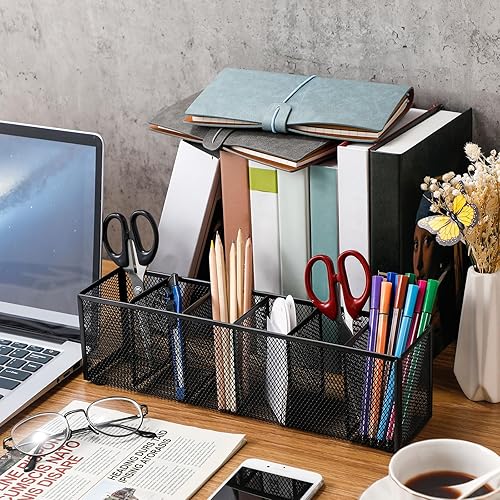Miniatura 4 de Teling Organizador de escritorio de malla, soporte de malla metálica para bolígrafos, 6 compartimentos, papelería de escritorio, organizador de