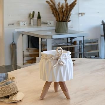Ahşap Ayaklı İskandinav Tarz Beyaz Beton Saksı- Tekli Minimal Dekoratif Saksı, El Yapımı Eşsiz Dekor, Ev & Ofis Dekoru (15 cm) (İskandinav, Adet, 1)