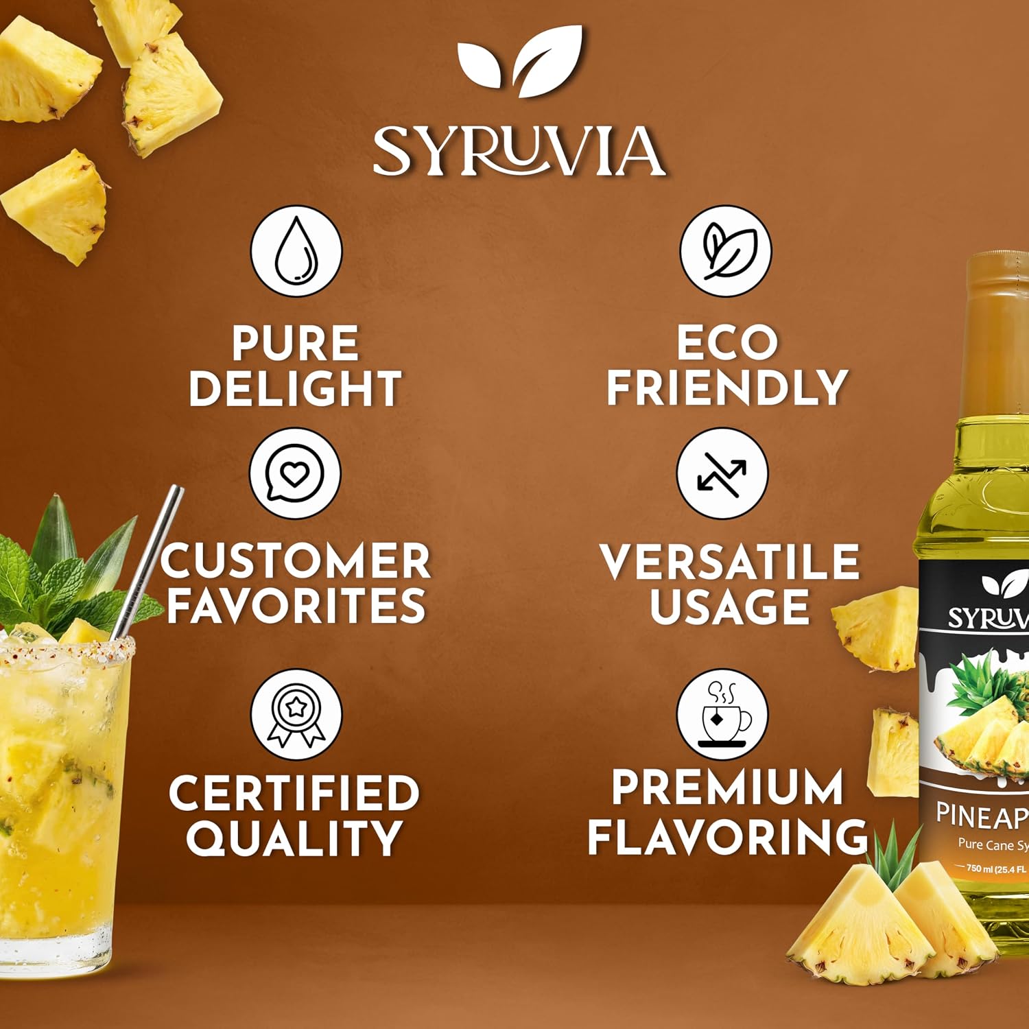 Pineapple Syrup by Syruvia 6-Pack, 25.4 fl oz, Wholesale Coffee Syrup Shops, Cafes, Baristas, Bistros, & Beverage Bars, Bulk Kosher & Gluten-Free