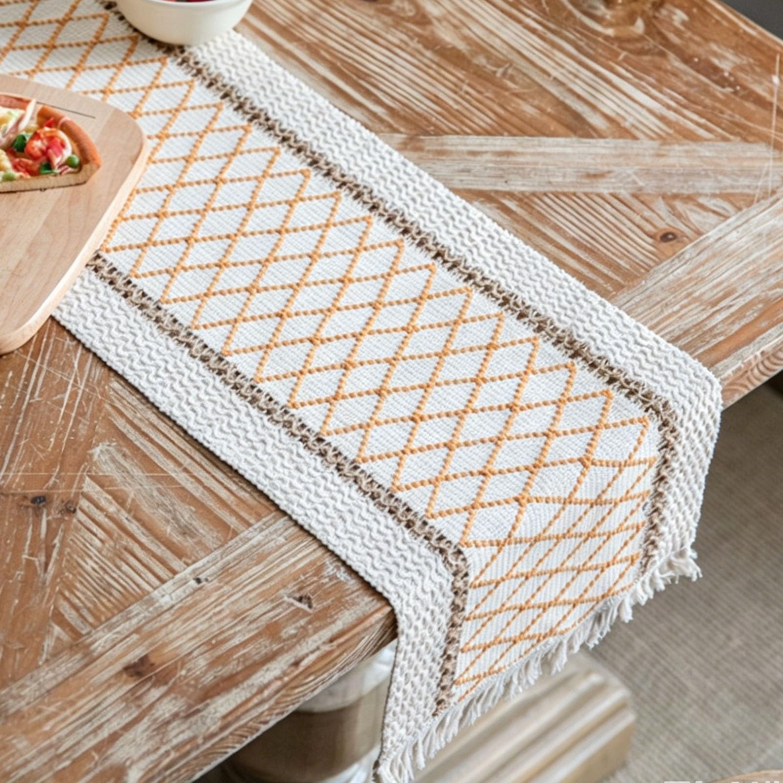 Checkered Plaid Cotton Linen Table Runner With Elegant Tassels,Rustic Farmhouse Decor Scarf For Kitchen,Dining Room,Coffee Table,Dresser,TV Stand(Yellow,300cm/118.1in)