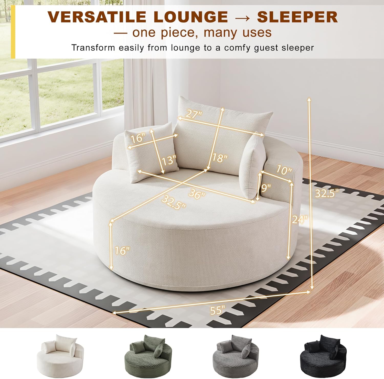 55'' Oversized Round Boneless Chaise Lounge Chair Indoor, Upholstered Corduroy Deep Seat Cloud Large Circle Sofa Couches Bed Corduroy Modern Floor No Assembly Sleeper Bed for Living Room, Bedroom