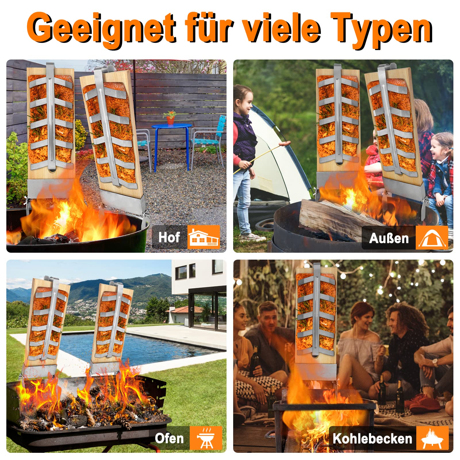 4X Planche à Saumon Flammé en Hêtre avec Support pour Griller Planche en Bois de Cèdre 5 Niveaux réglable pour Brasero, Grill