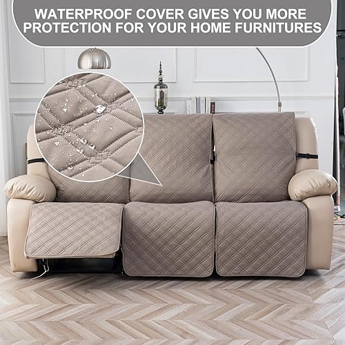 Miniatura 7 de Fundas para sillas reclinables de 3 plazas, funda 100% impermeable, antideslizante, funda para silla reclinable, funda de sofá lavable con correas