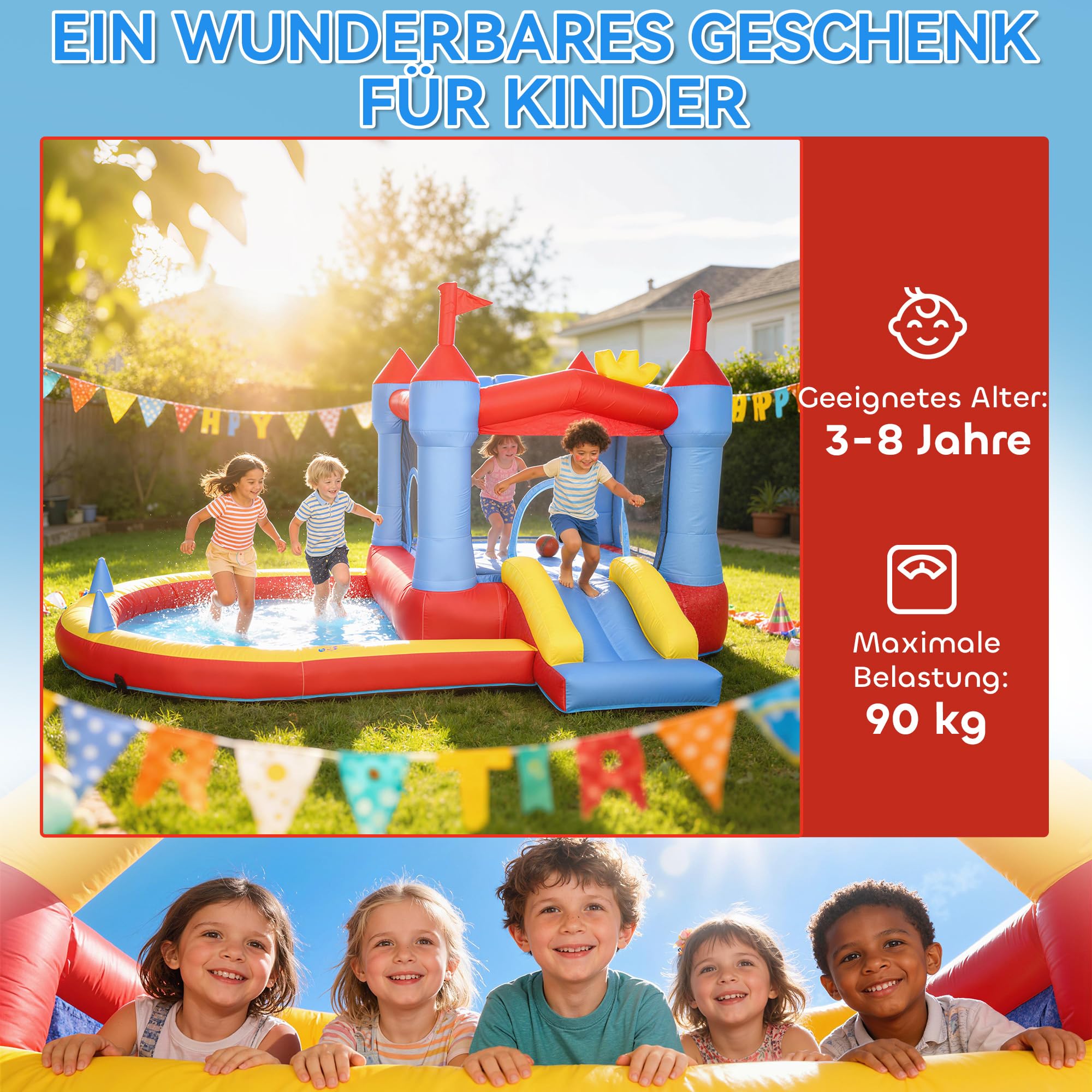 AIYAPLAY Hüpfburg mit Gebläse Aufblasbar Spielcenter mit Rutsche Trampolin Planschbecken/Bällebad Basketballkorb Wasserpistole Bouncy Castle für 3-8 Jahre Kinder für Indoor & Outdoor 342x255x209 cm