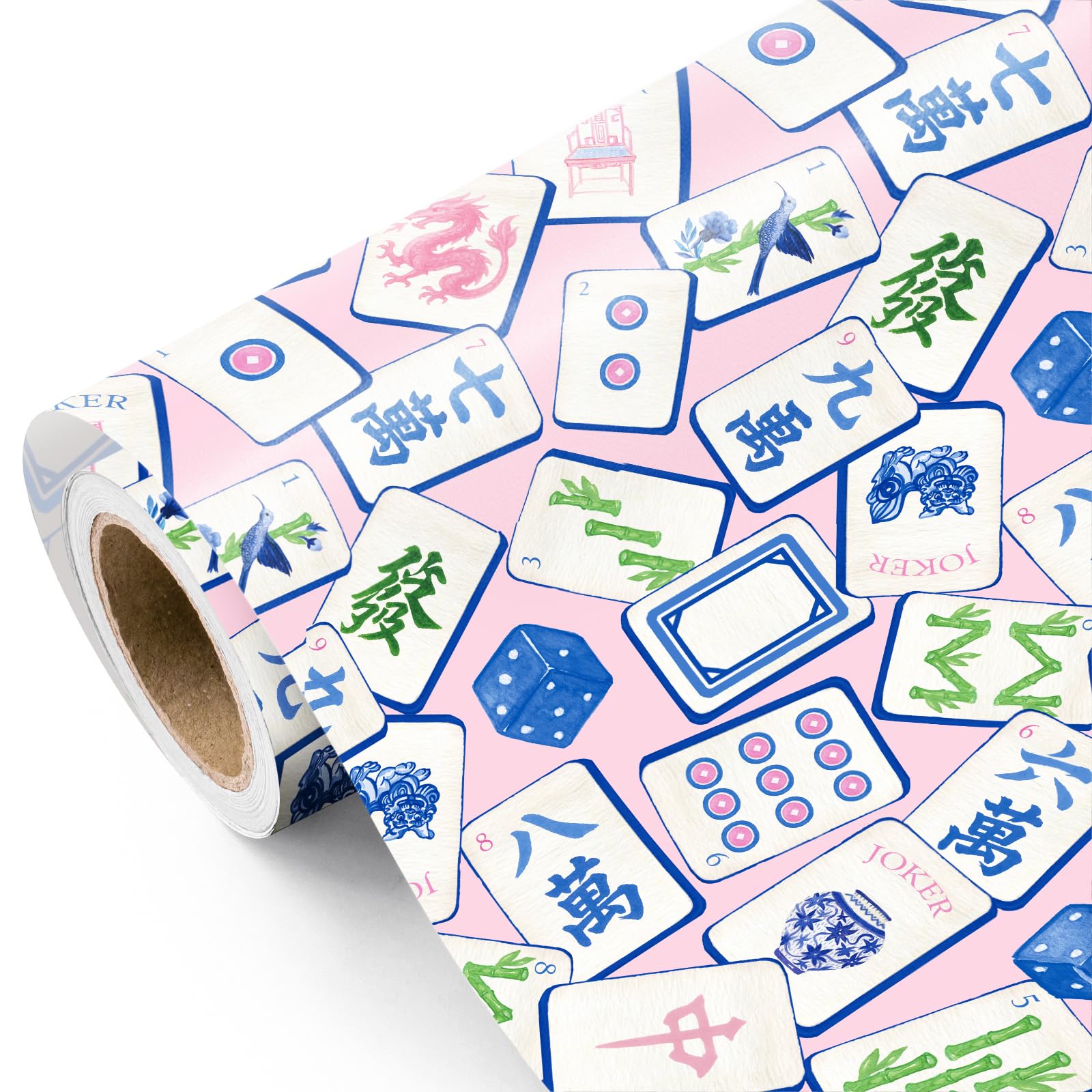 RUSPEPA Mahjong Wrapping Paper Roll - Mini Roll - 43.2cm x 5m - Pink and Chinoiserie Blue Mahjong Funny Wrapping Paper for Birthday, Wedding, Bridal Shower