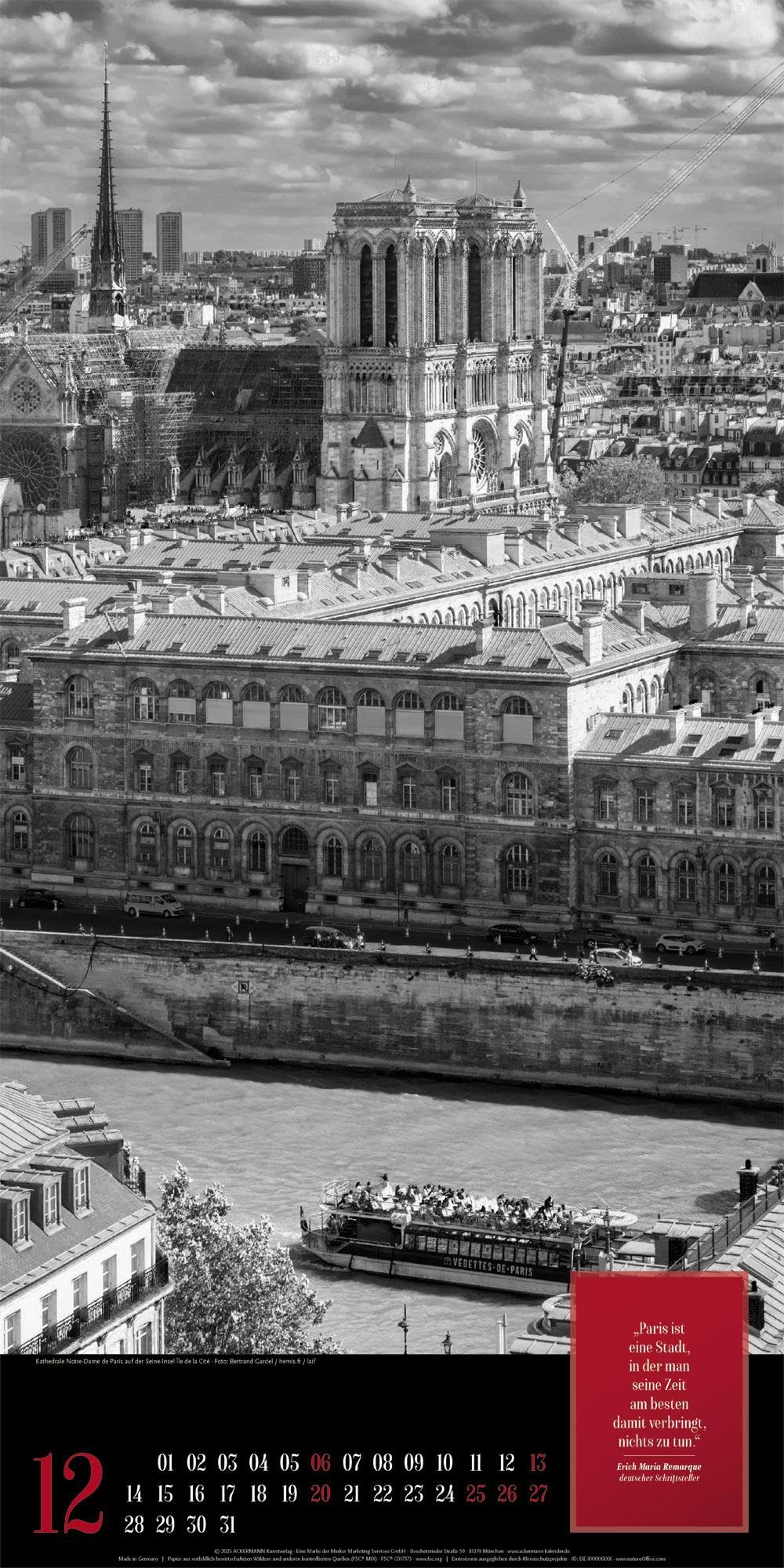 Paris, je t’aime Literatur-Kalender 2026 | Geschmackvoller Städtekalender im schlanken Hochformat (33x66 cm) | Fotos in Schwarz-Weiß mit Zitaten