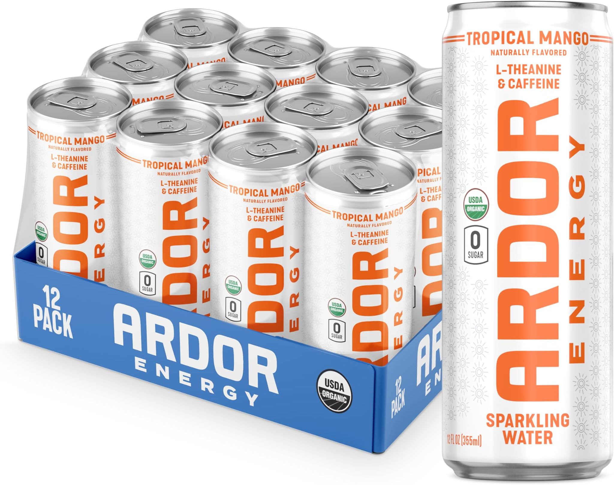 - ARDOR ENERGY Sparkling Water with 100mg Natural Caffeine & 200mg L-Theanine from Organic Green Tea for Smooth Energy & Focus | Healthy Energy Drink | No Sugar, Zero Calories, Vegan, Gluten-Free | Tropical Mango (Pack of 12, 12oz cans)